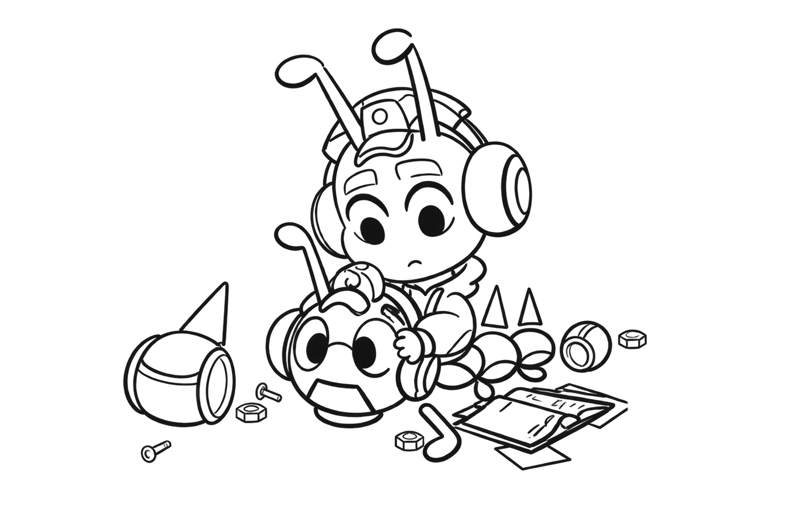 Coloring book page: line drawing of the Chill Caterpillar in headphones surrounded by spilled paint and art supplies