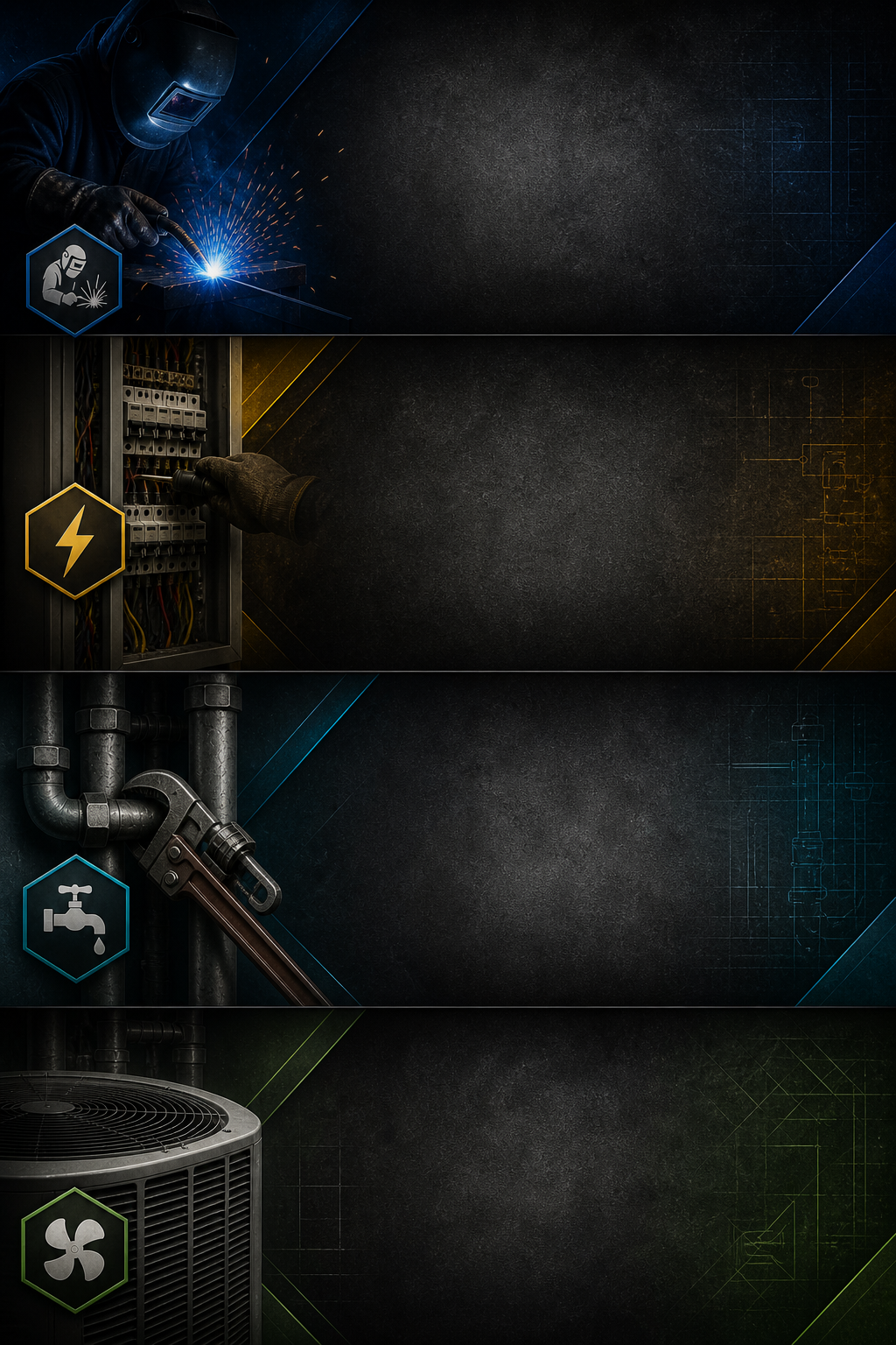 A collage of four images related to electrical and plumbing work. The first features a welder welding metal. The second shows a technician working on an electrical panel. The third displays pipes and a wrench. The fourth shows an air conditioning unit.