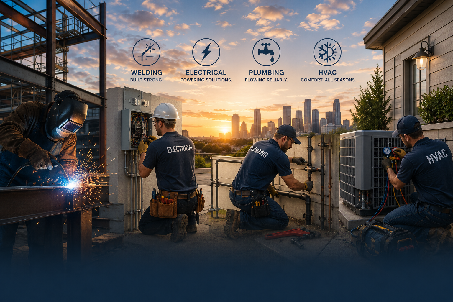 Four technicians working on building systems at sunset, with icons and text overlays for welding, electrical, plumbing, and HVAC.