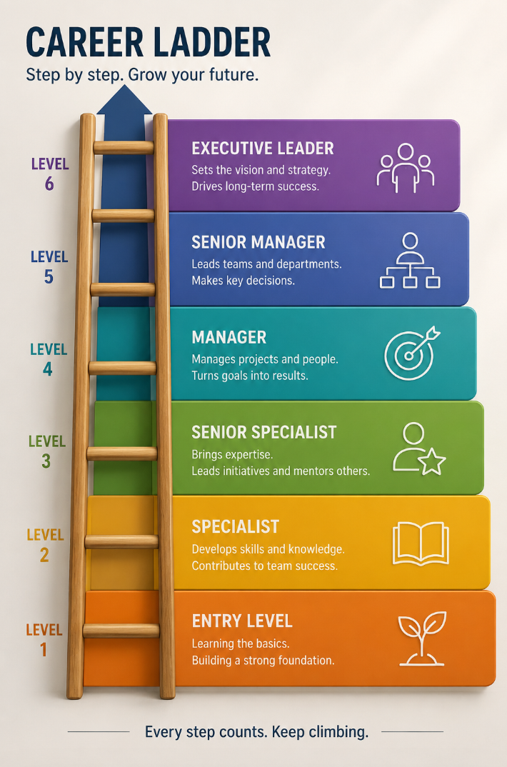 A career ladder infographic with six levels, from entry level to executive leader, illustrating steps for professional growth with descriptions and icons for each level.