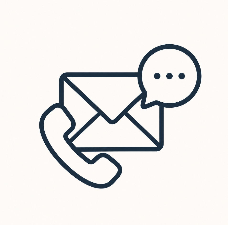 Line art icon of a phone, envelope, and speech bubble representing communication.