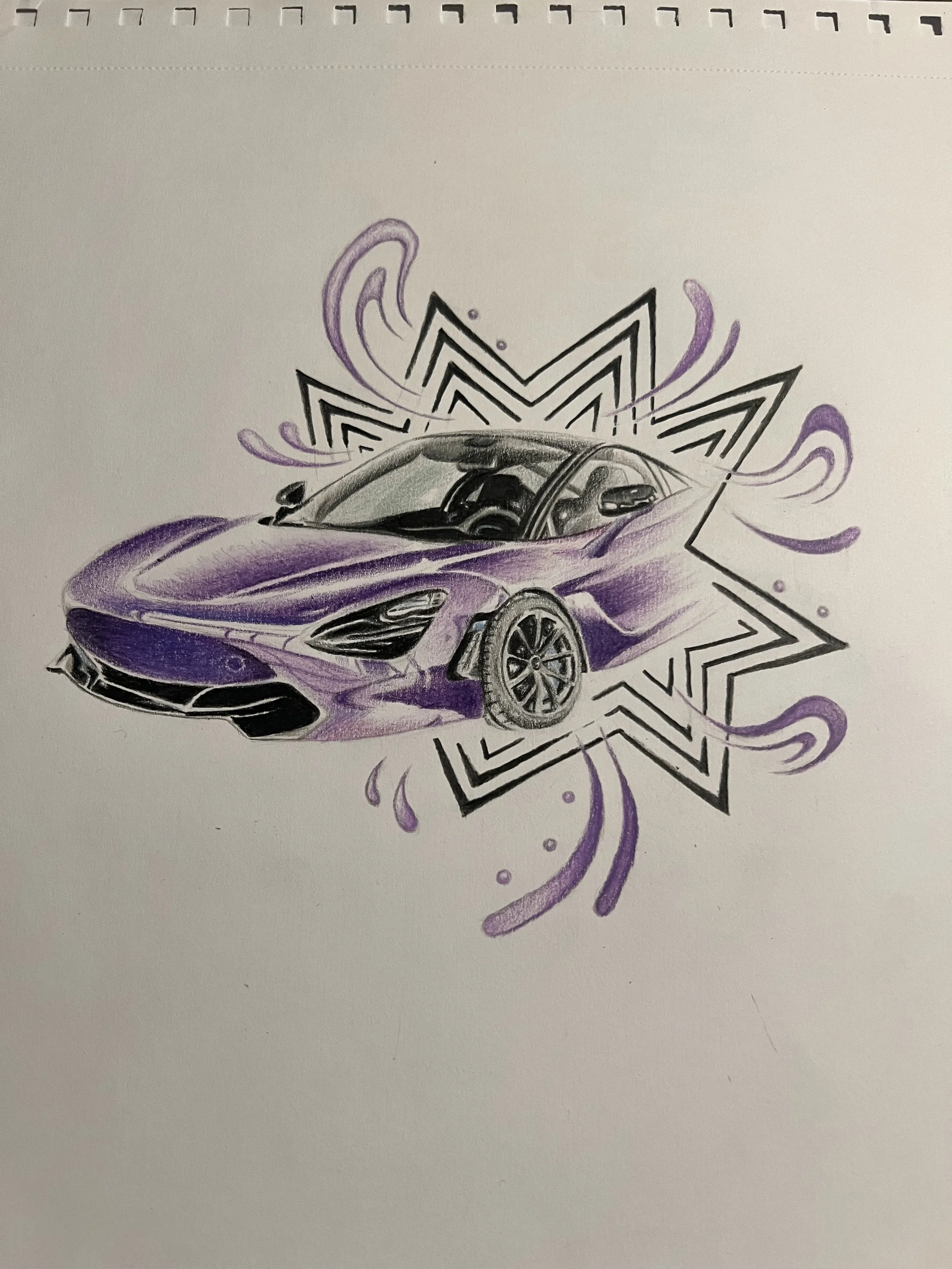 A sketch of a purple sports car with aerodynamic features, surrounded by abstract purple and black geometric patterns and lines.