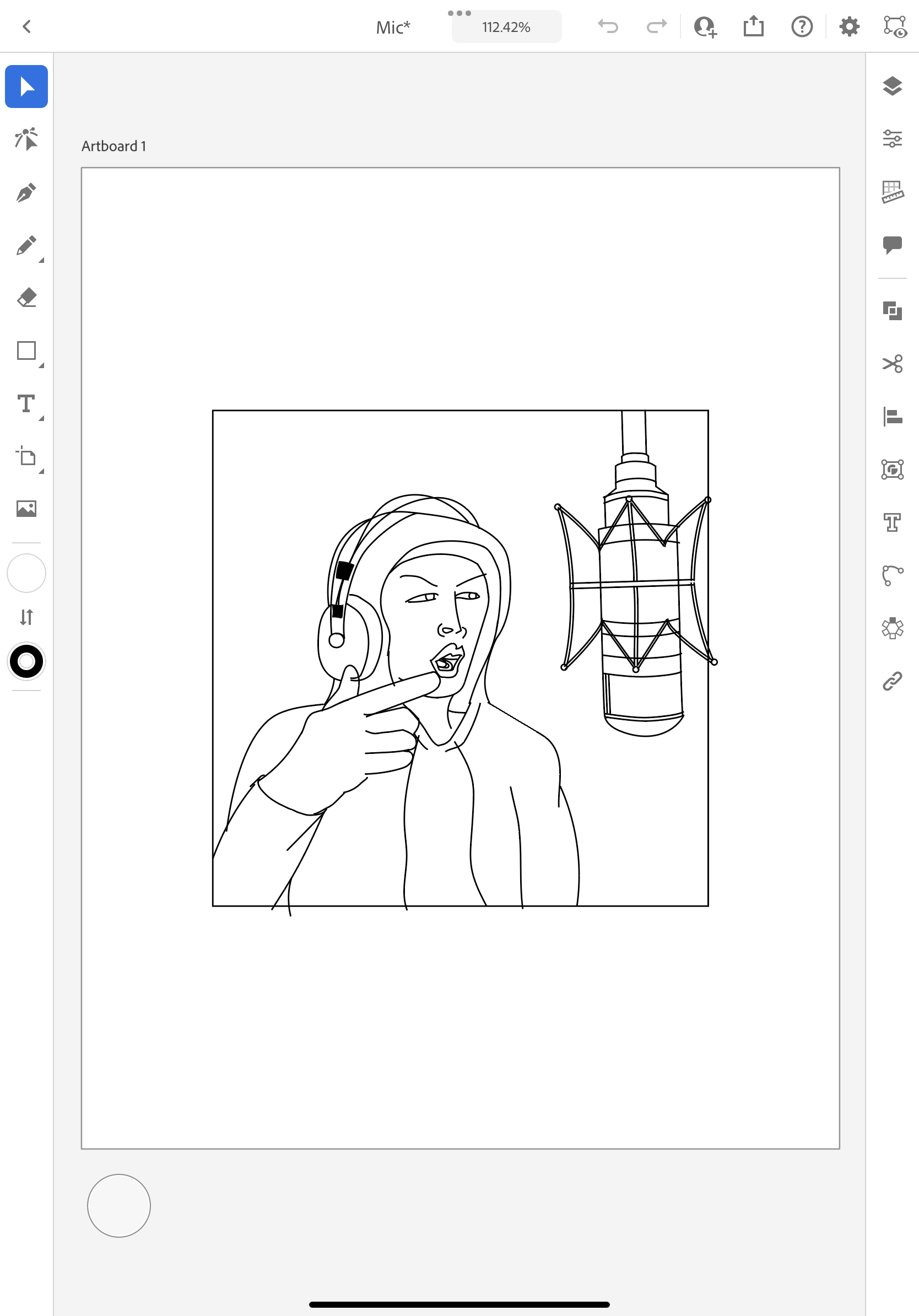 Black and white line drawing of a woman wearing headphones, pointing to her lips, with a microphone hanging nearby.