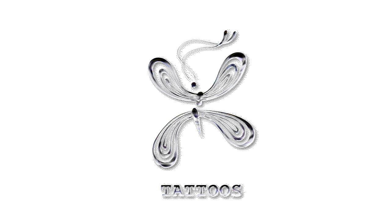 A metallic butterfly with a liquid-like appearance, reflecting light, with the word "TATTOOS" written below.