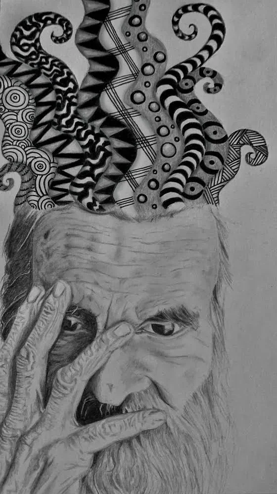A detailed black and white pencil drawing of an elderly man with a long beard, holding his hand up to his face with fingers partially covering his eye. Emerging from the top of his head are multiple intricately patterned, swirling tendrils or smoke-like shapes with various geometric designs.