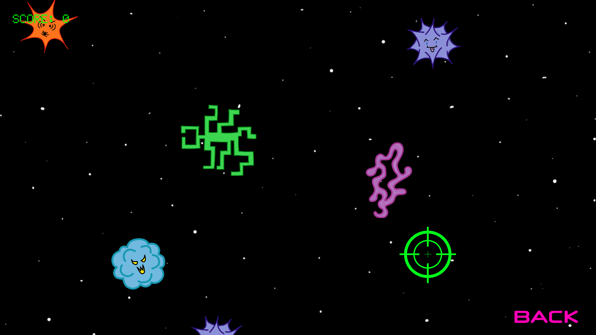 A space-themed video game screen featuring cartoonish alien creatures with different shapes and colors, a green crosshairs targeting a purple alien, a red angry cloud, and a blue cloud with a face, with a black background and white stars. The word "BACK" appears in pink in the bottom right corner.