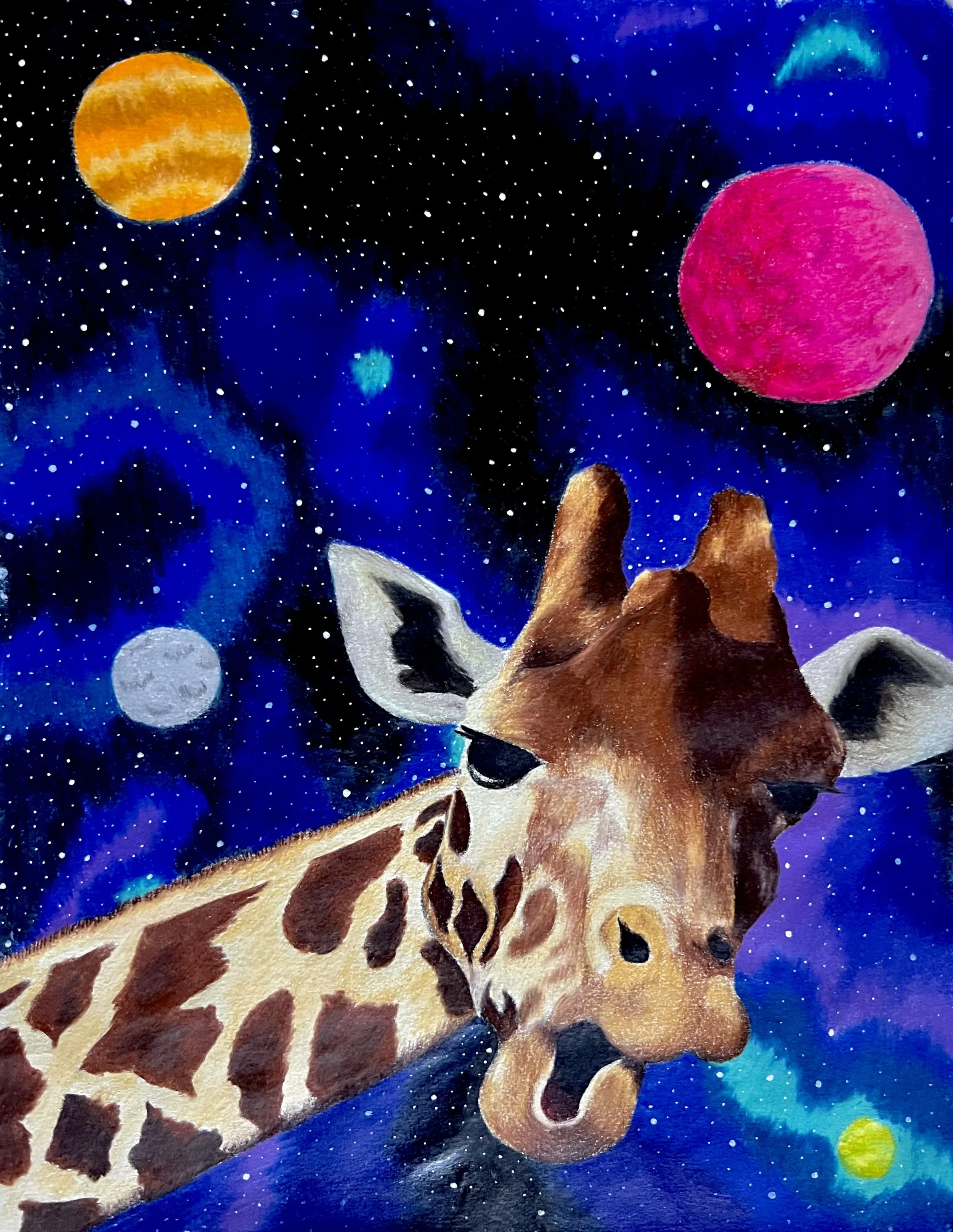 A watercolor painting of a giraffe in space with a starry sky, planets, and cosmic colors in the background.