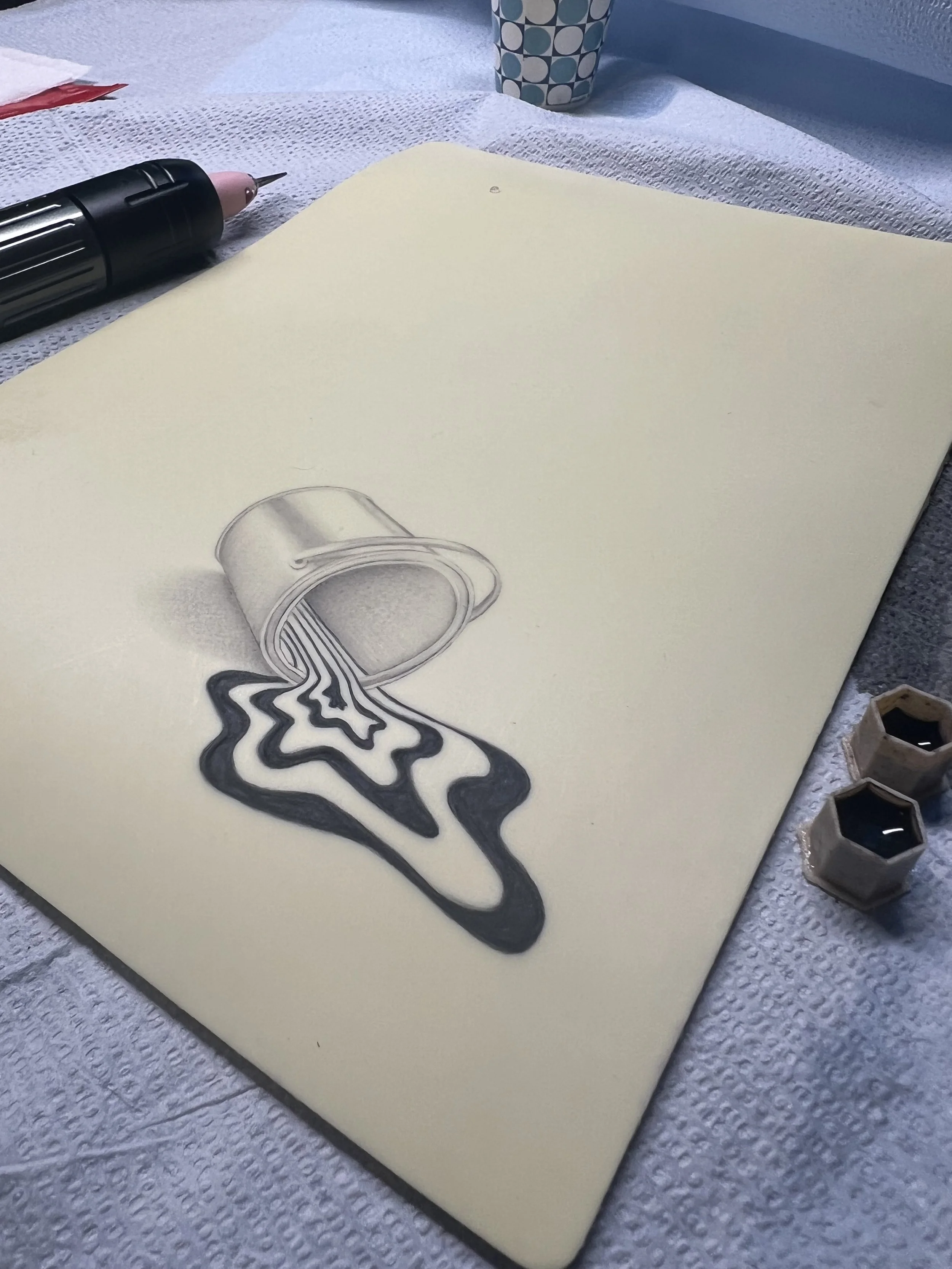 Drawn image of a coffee cup overflowing with liquid, on a light-colored surface.