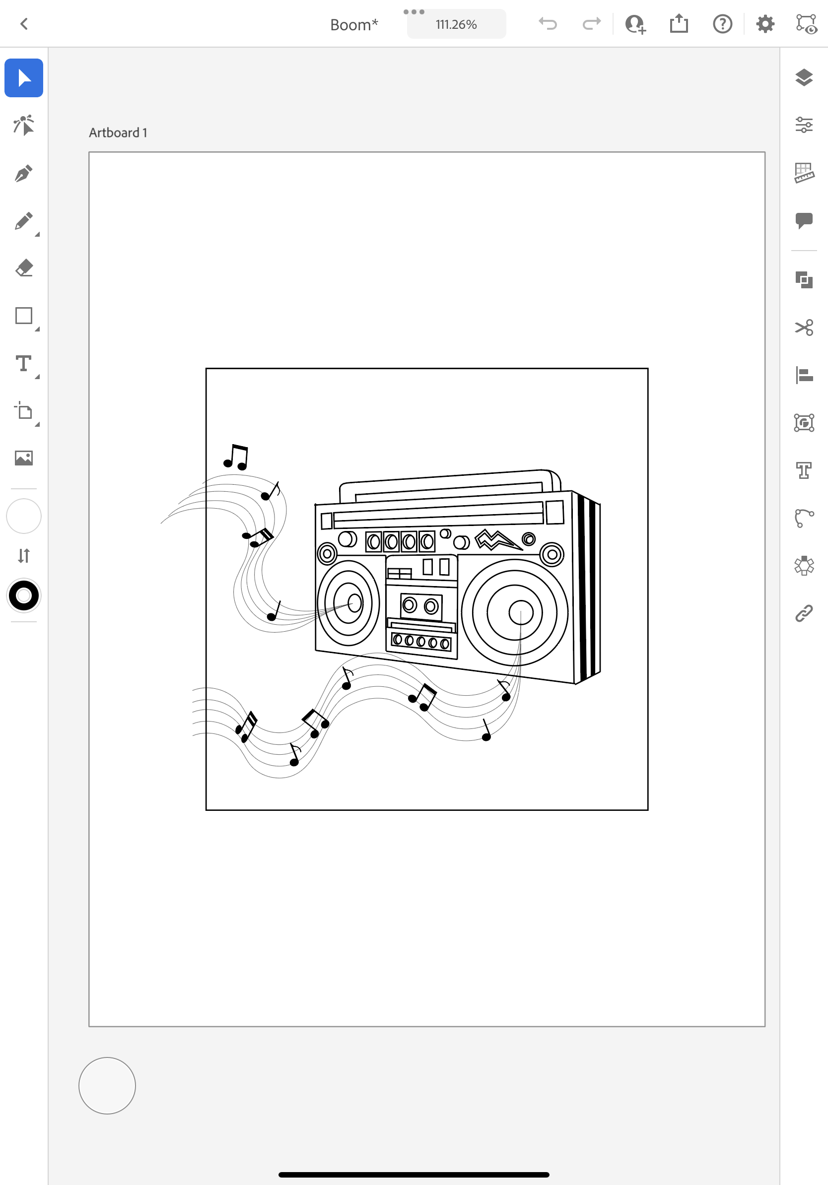 Black-and-white line drawing of a vintage boombox with musical notes and curved lines representing music emitted from it.