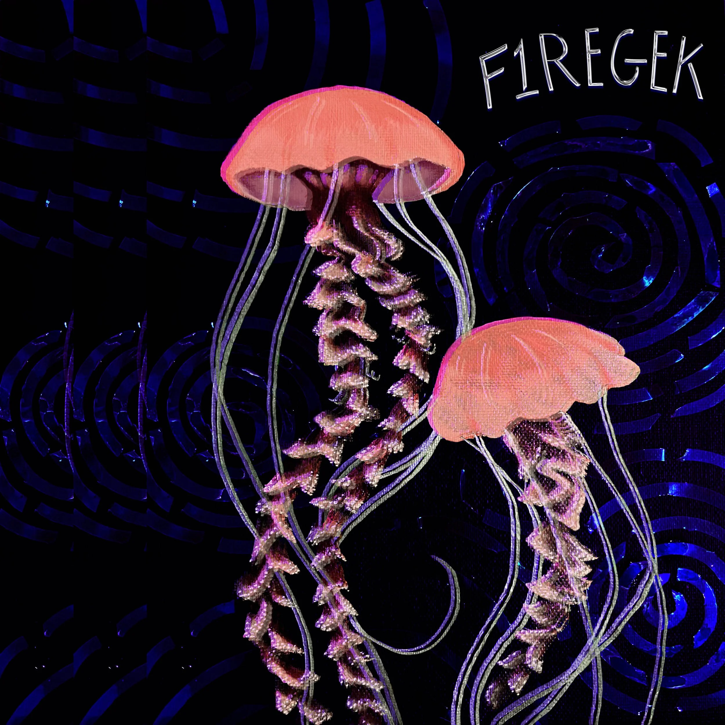 Colorful neon light display of jellyfish with pink, purple, and green hues against a dark background.