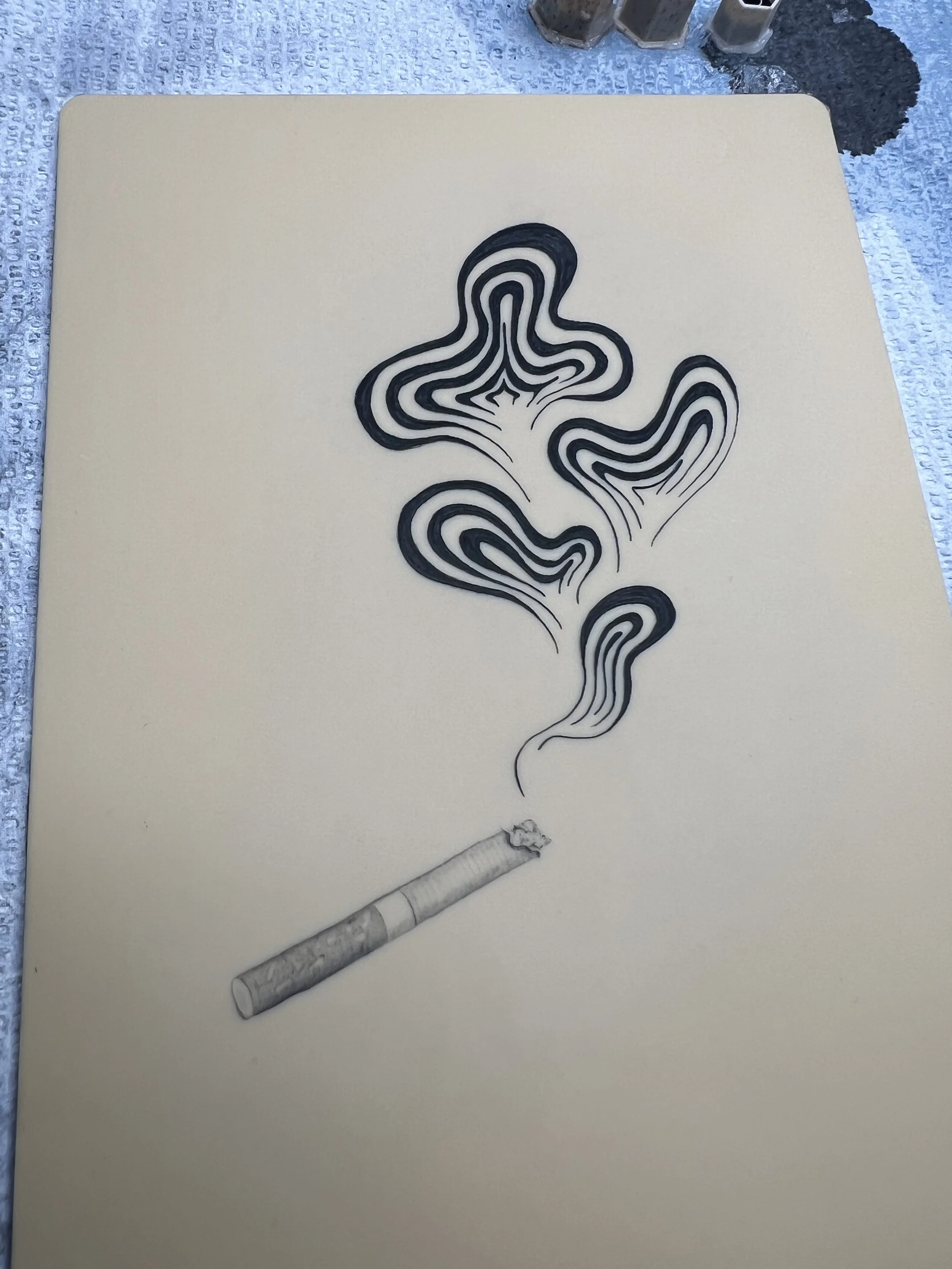 A drawing of a cigarette with smoke rising from it, depicted with black and white contour lines on a beige surface.