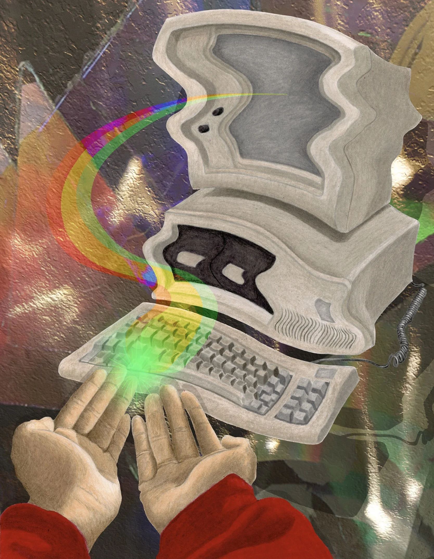 A digital collage depicting a human skeleton pointing at an open laptop, with a computer screen showing a colorful spectrum. The background features an abstract multicolored, textured surface, blending surreal and technological themes.