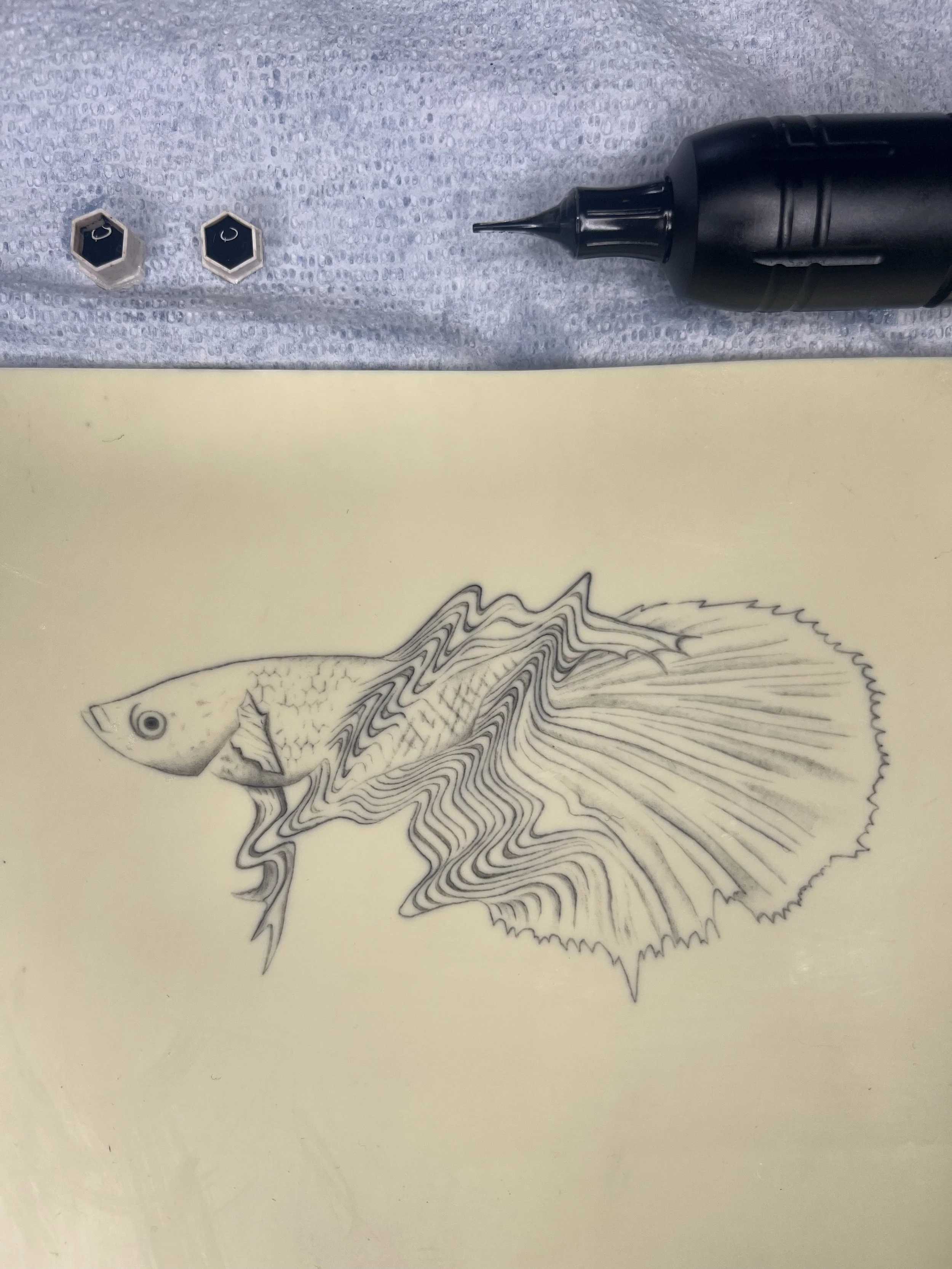 Illustration of a fish with intricate line patterns on its body, drawn on a light background. There are also two hexagon-shaped ink lids and a black ink bottle adjacent to the drawing.