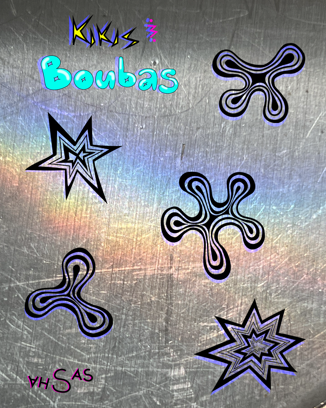 Colorful holographic background with black and purple swirl, star-like designs, and the words 'NIKIS' and 'Boubas' in bright, playful fonts.