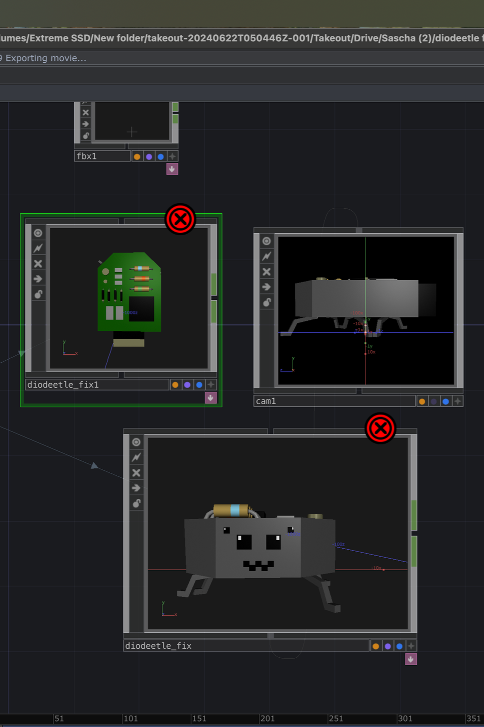 Screenshot of computer design software showing 3D models of a robot with a pixelated face, circuit board, and mechanical components on a dark background.