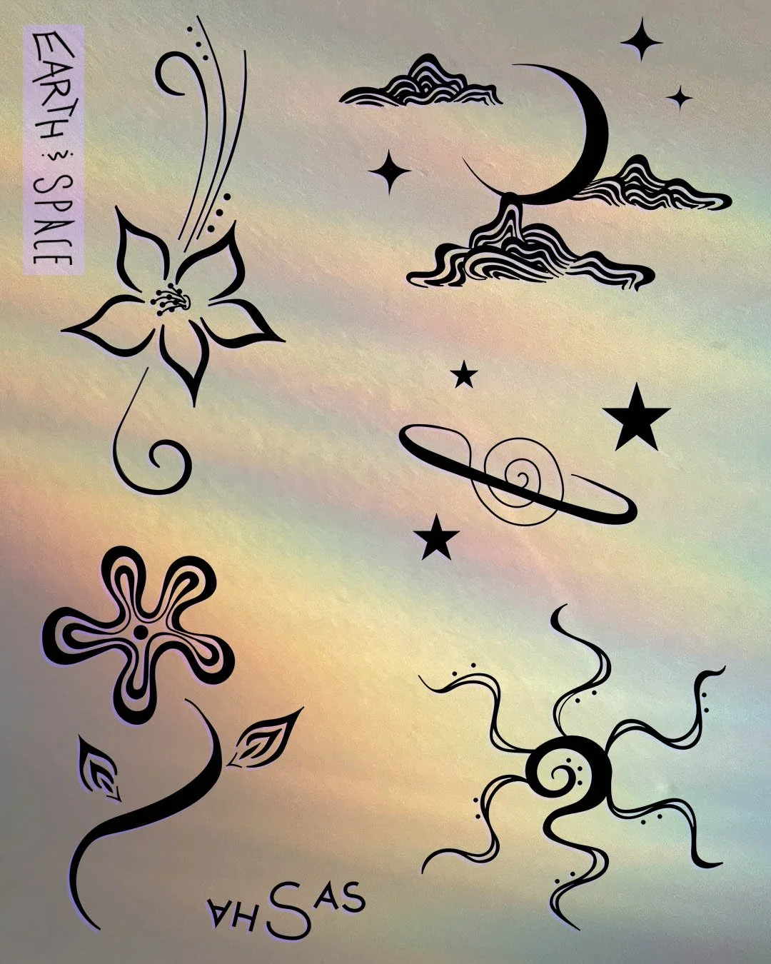Tattoo sheet featuring celestial and floral designs, including a moon with clouds, stars, a planet with rings, a flower with swirl patterns, and the words 'Earth is Space' and 'Space is Earth'