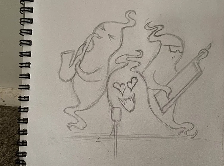 A pencil sketch of three abstract, personified characters with expressive faces, one of which has heart-shaped eyes and sharp teeth, with a microphone in front of them.
