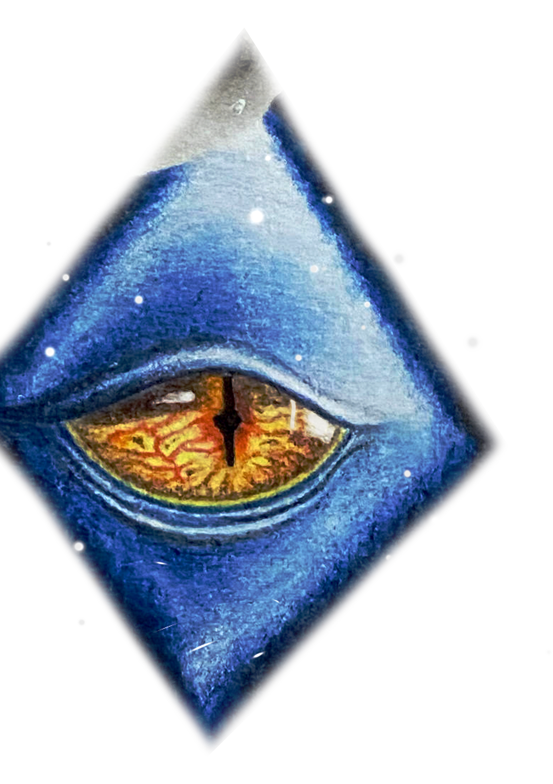 Artwork of an eye with a clock in the iris, wearing a hooded garment, set against a starry night sky.