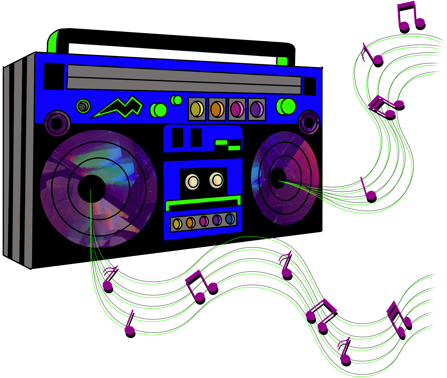 Colorful digital illustration of a boombox with neon green musical notes and flowy strings, set against a black background.