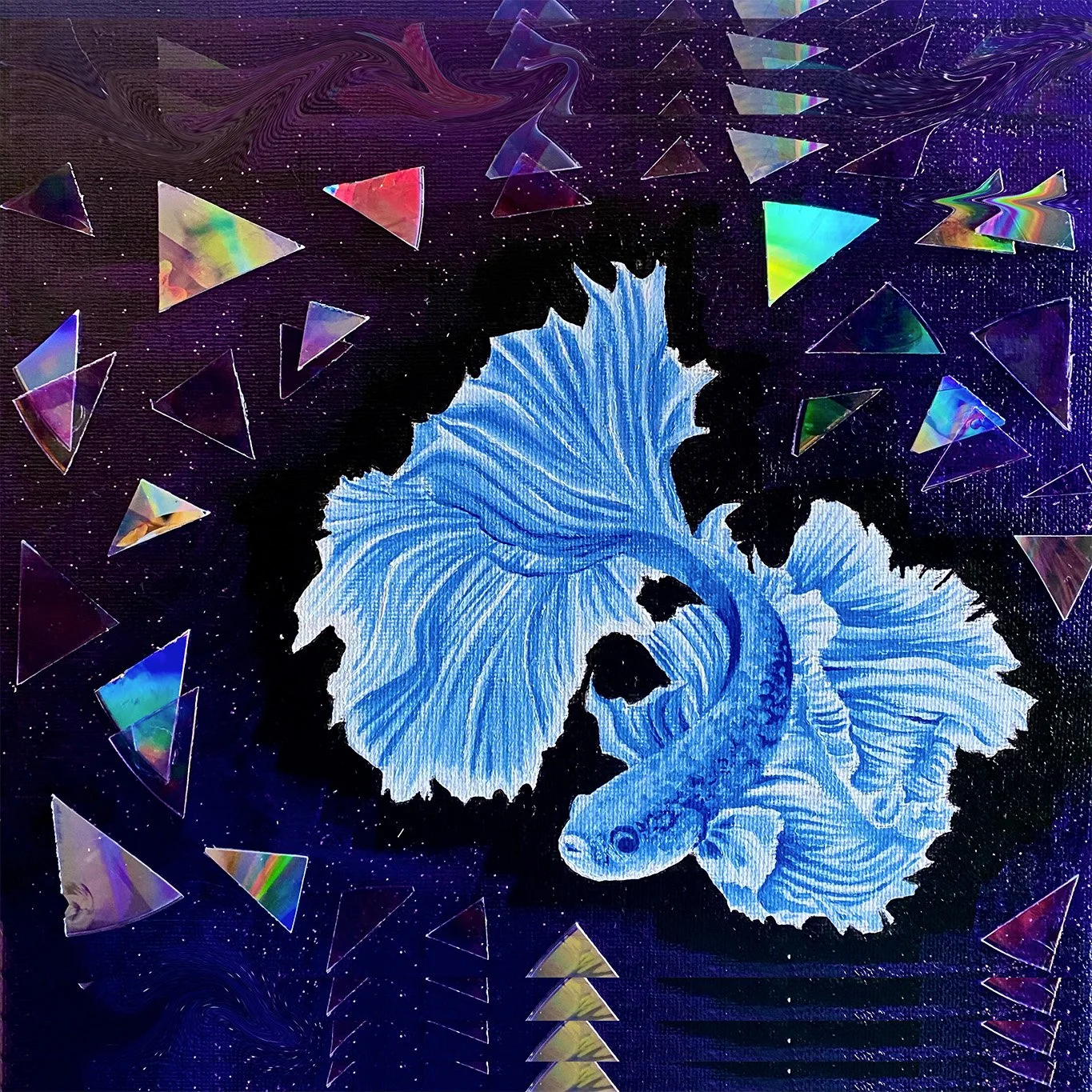 A blue angel fish illustrated on a dark, starry background with holographic, transparent triangles floating around.