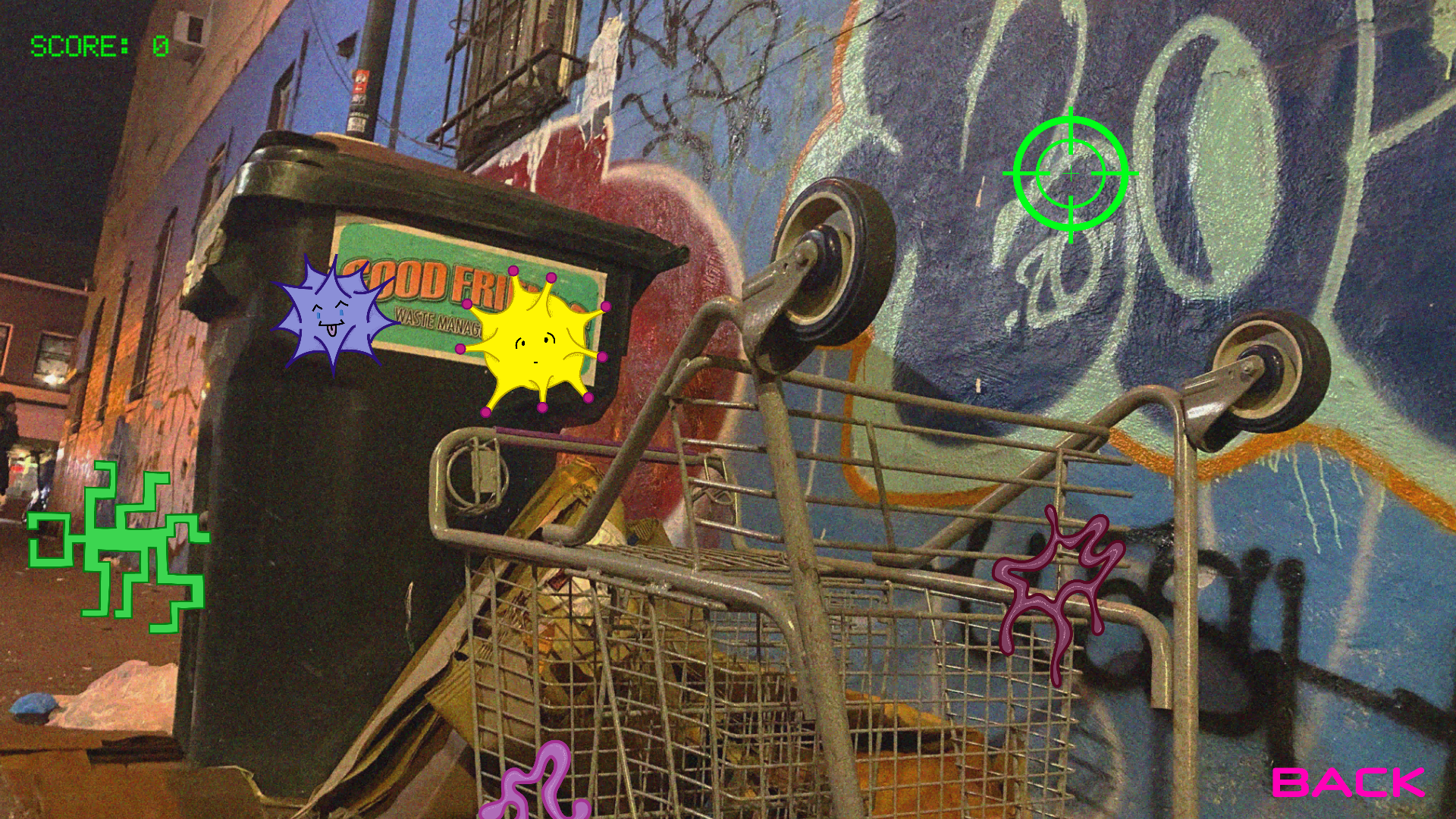 Street art painted on a wall featuring vibrant colors and abstract shapes, with a green target overlay, a black trash bin decorated with stickers, and a shopping cart with other objects around it, at night in an urban setting.