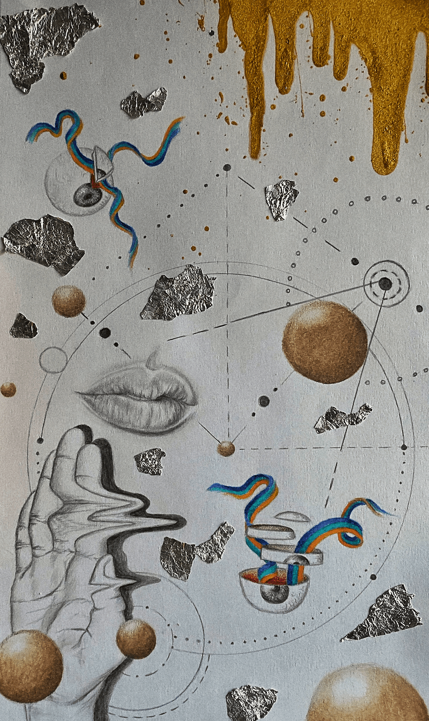 Abstract artwork featuring a pencil sketch of a hand holding a joint, lips, colorful snake-like shapes, planetary elements, and metallic foil fragments with gold paint dripping from the top.