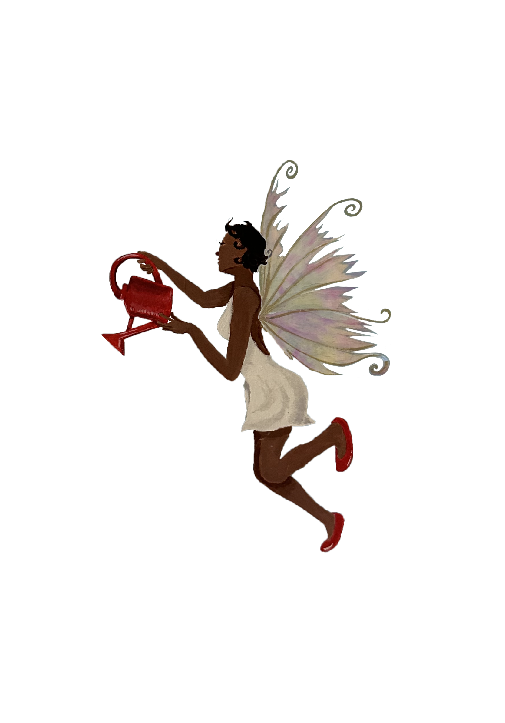 A fairy with butterfly wings, wearing a white dress and red shoes, holding a red watering can, depicted in a running pose.
