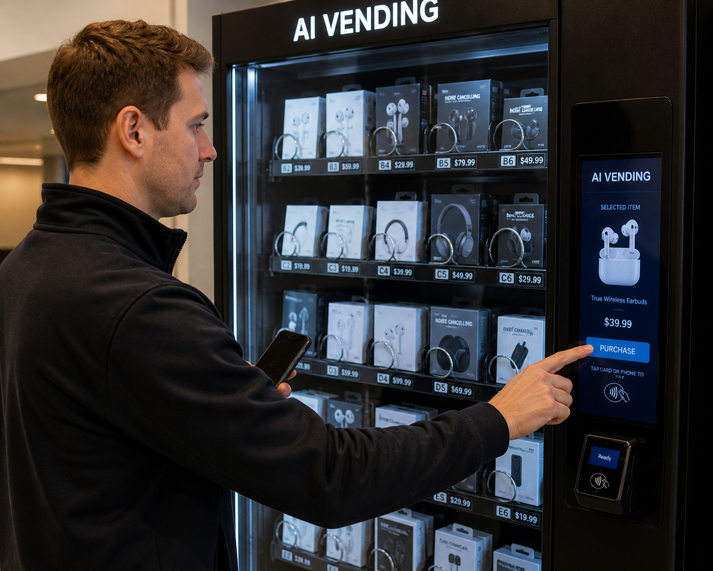 A man using a vending machine labeled 'AI VENDING' to purchase wireless earbuds, with a touchscreen display showing the selected item and price.