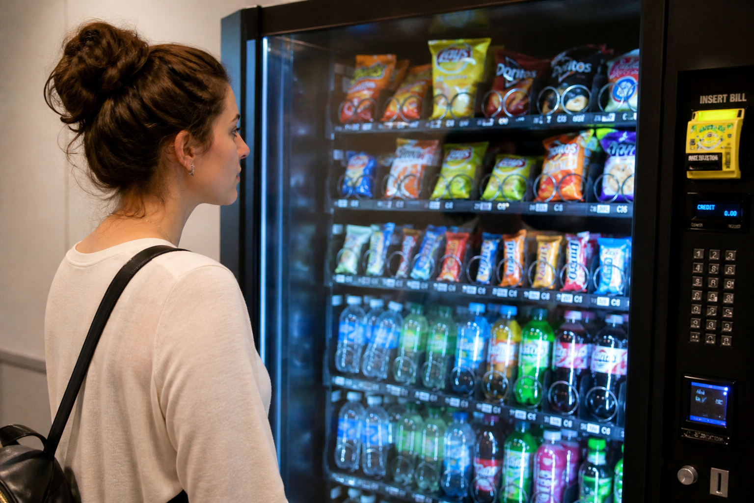A woman with brown hair tied in a bun, wearing a white top and carrying a black shoulder bag, stands in front of a vending machine filled with snacks and drinks, looking at the selections.