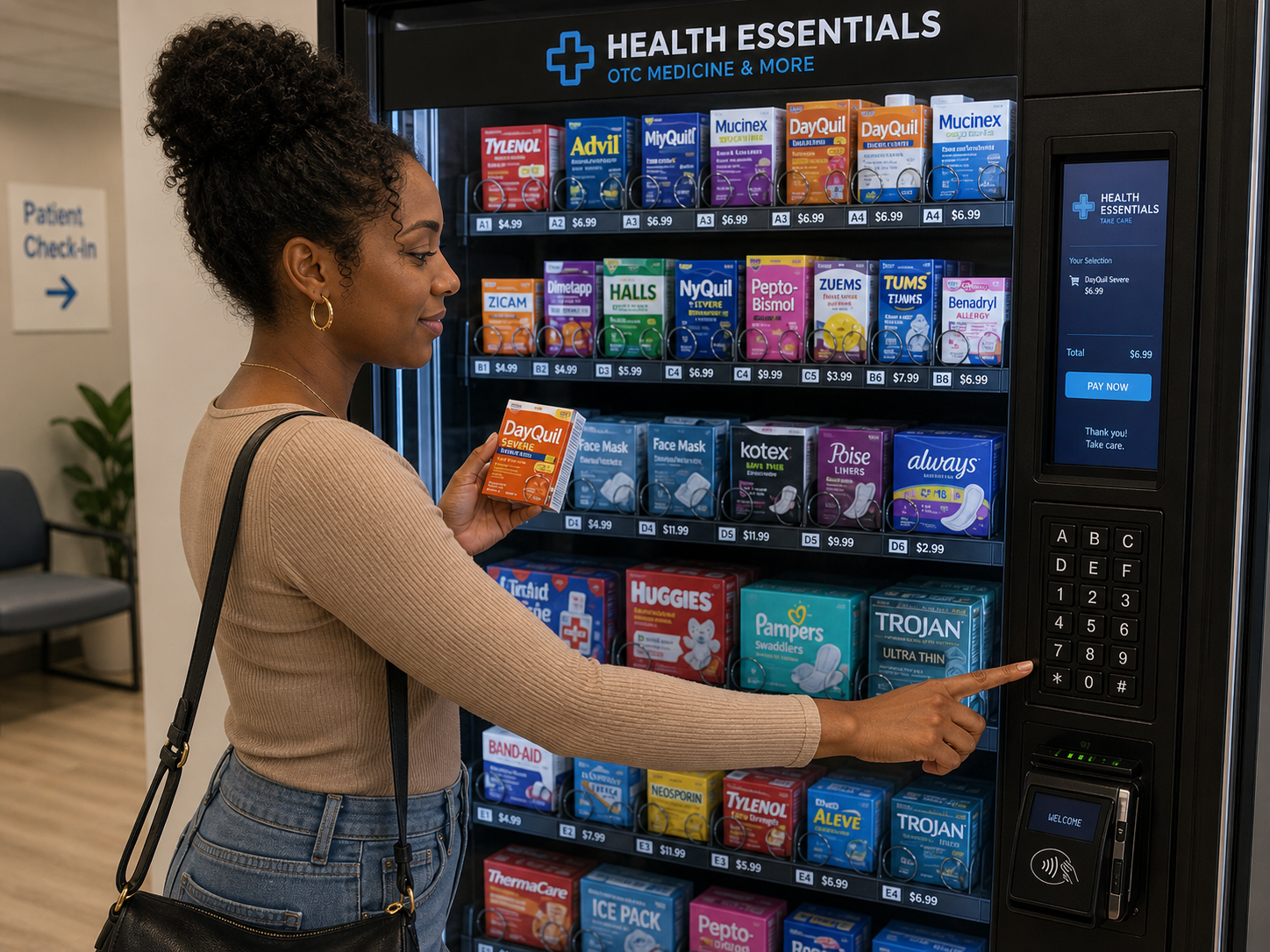 A woman selecting a Trojan condom from a vending machine labeled 'Health Essentials' in a pharmacy or medical facility