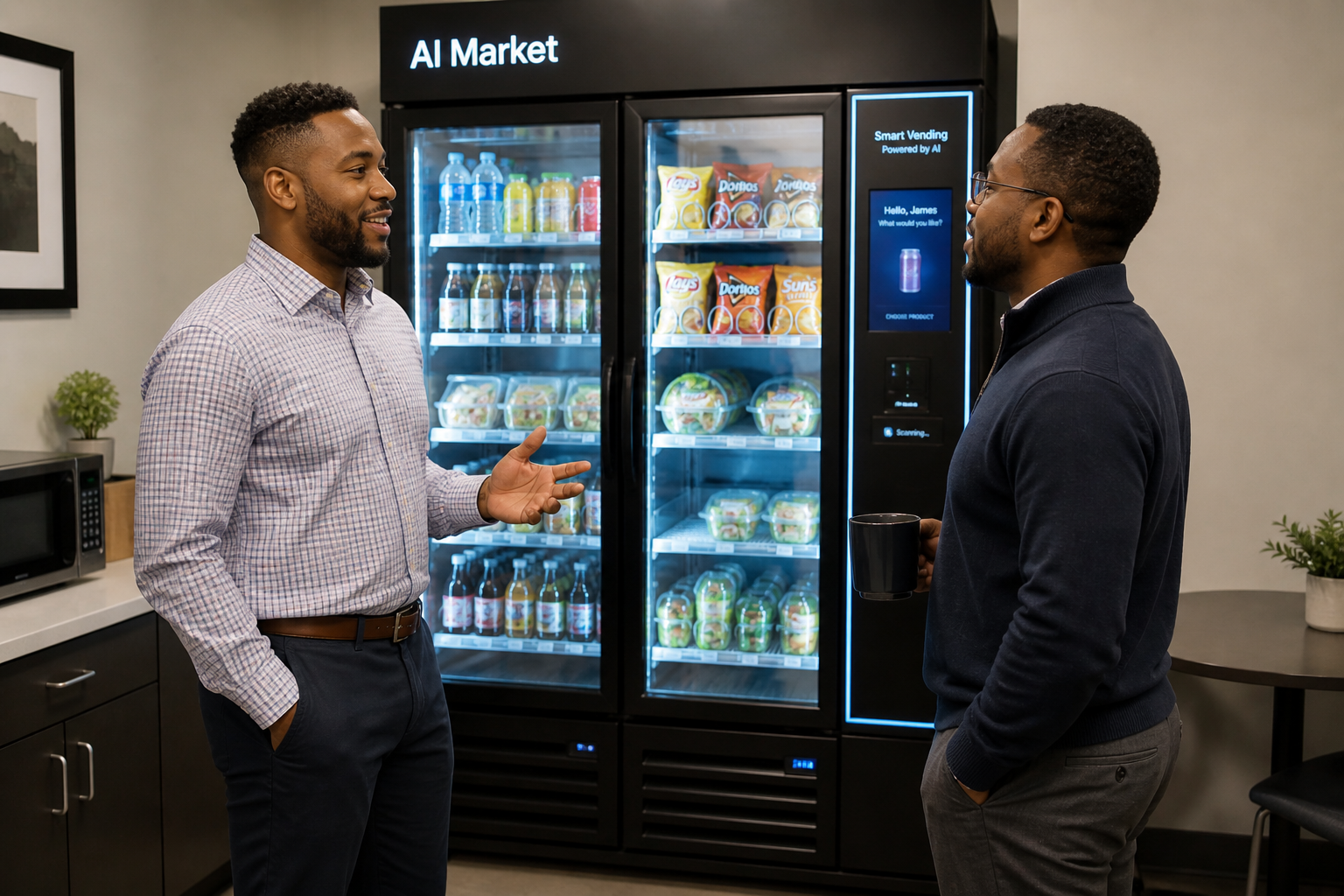 Two men talking in front of a vending machine labeled 'AI Market,' with snack and drink items inside. One man is holding a black mug.
