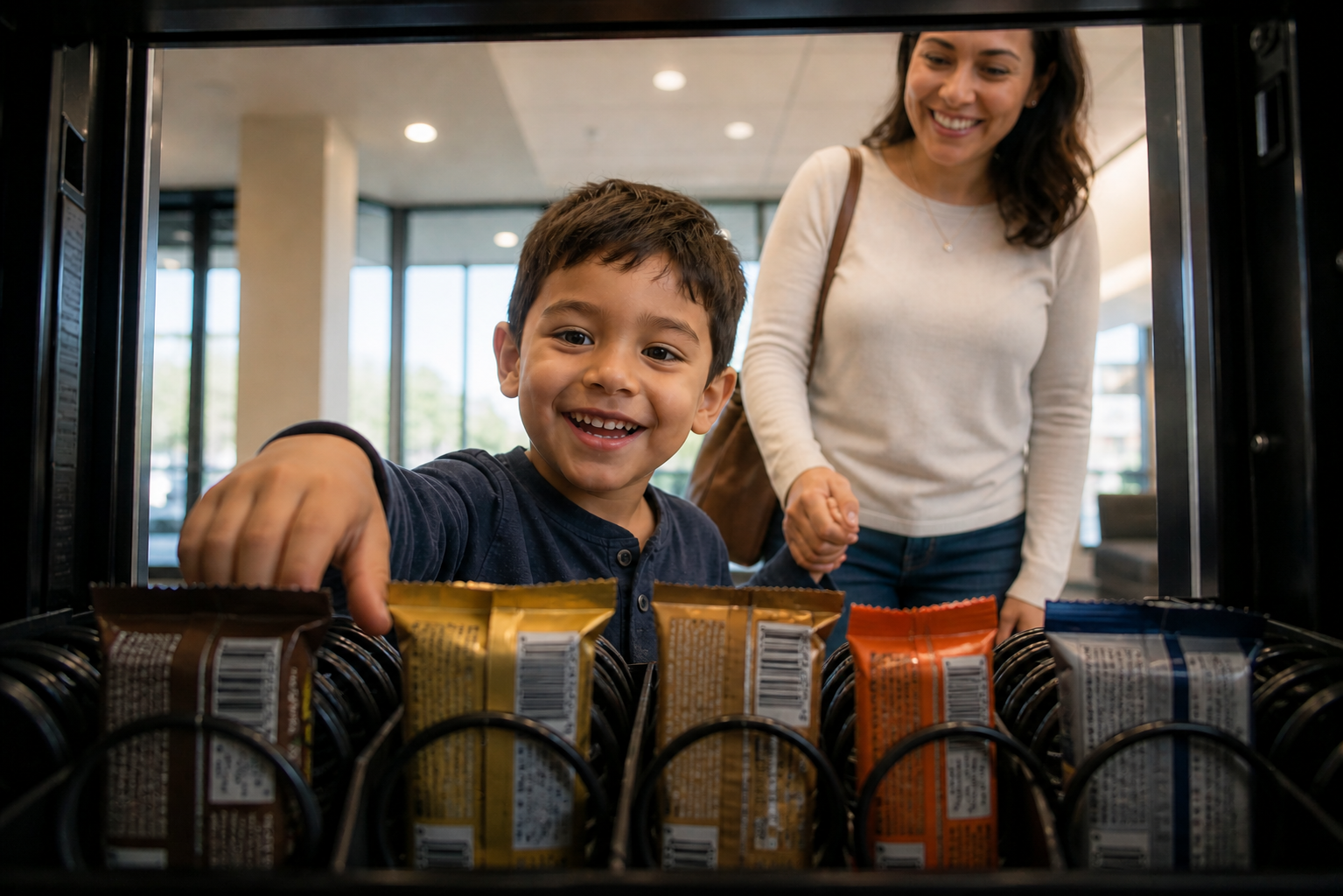 A smiling young boy is selecting snacks from a vending machine, while a woman behind him watches and holds his hand in a bright, modern indoor setting.