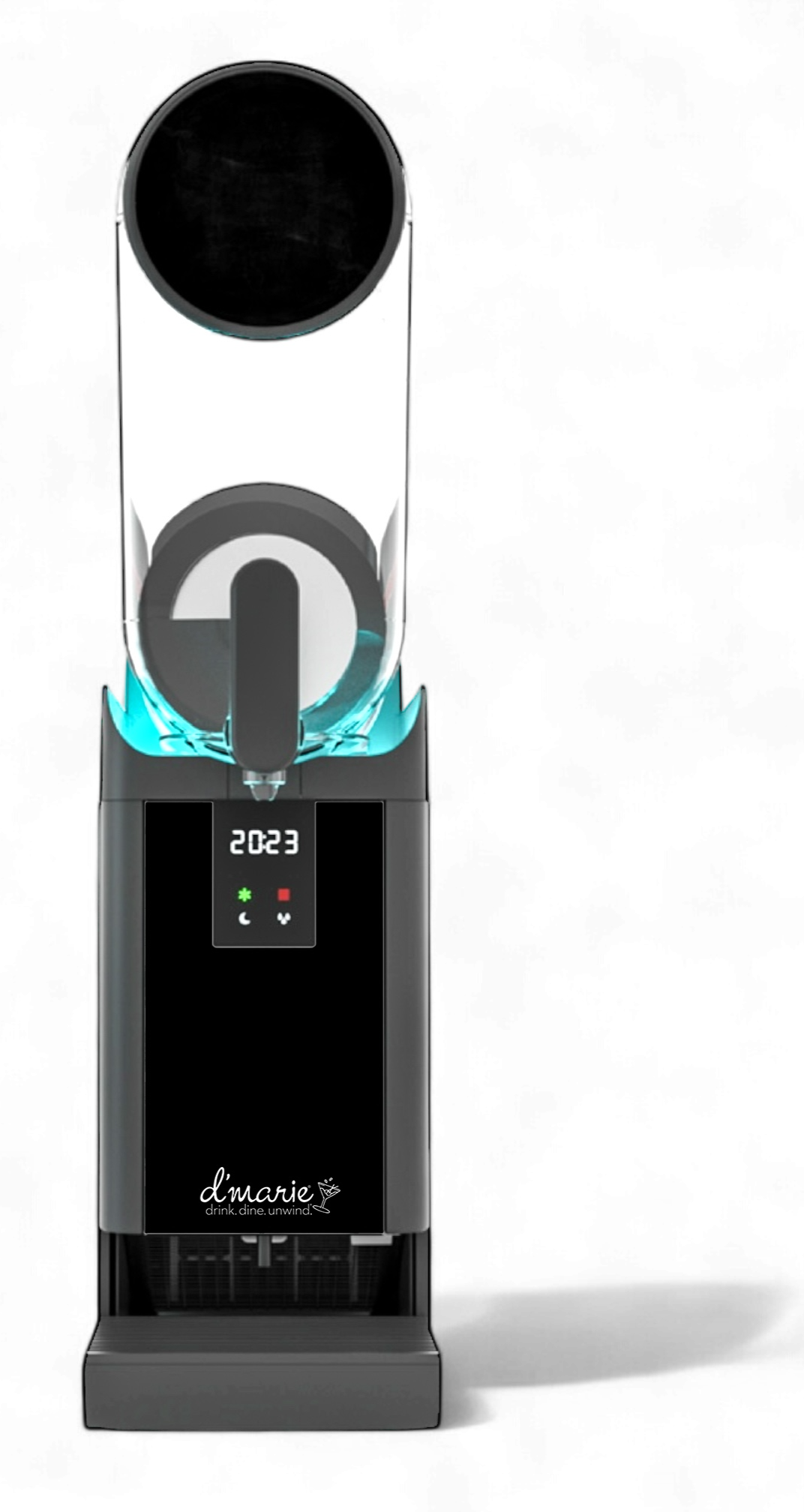 Modern alcohol or beverage dispenser machine with digital display and illuminated accents, branded 'd'marie' with a tagline 'drink dine unwind'.