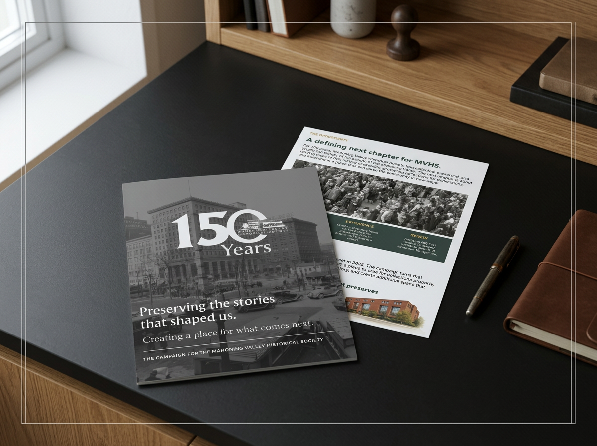 A flyer celebrating 150 years of the Mahoning Valley Historical Society, with a cityscape background, and the text 'Preserving the stories that shaped us. Creating a place for what comes next.' Next to it, a printed newsletter and a pen sit on a table.