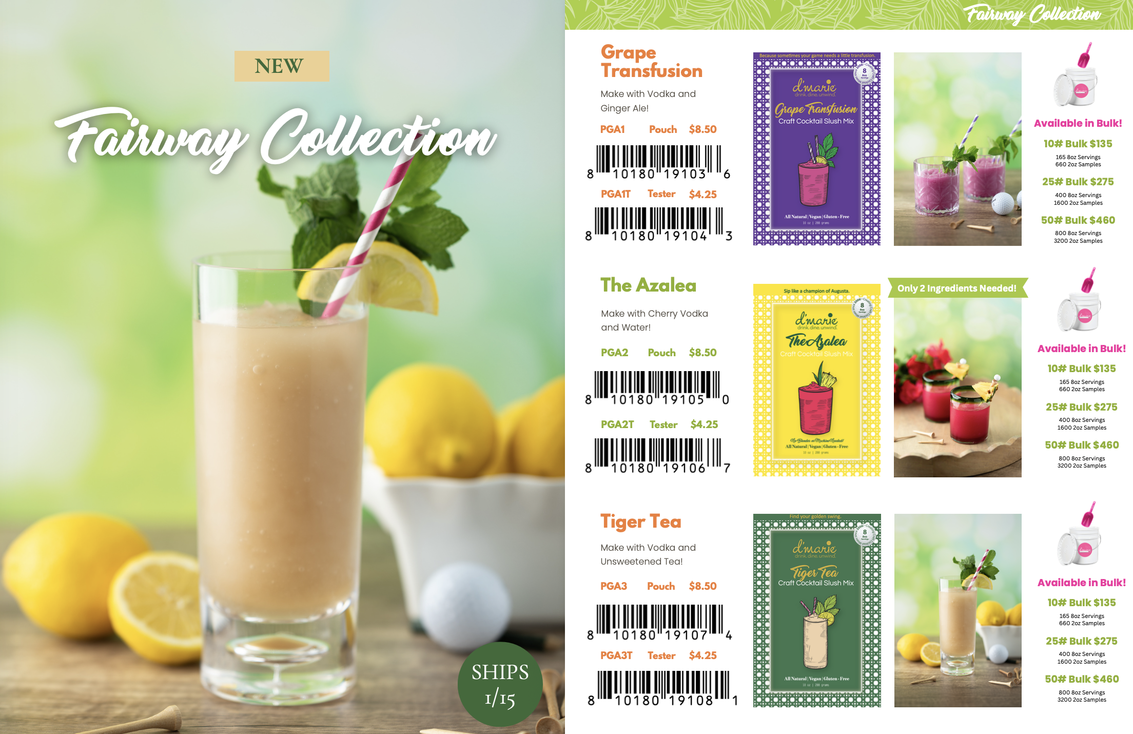 Four colorful packets of craft cocktail slush mix from the Fairyway Collection, including Grape Transfusion, The Azalea, Tiger Tea, and a fourth flavor, with prices and bulk sizes listed. The packets feature vibrant designs and flavor illustrations. A glass of pink cocktail with a striped straw, lemon slices, and mint leaves is displayed on the left side of the image.