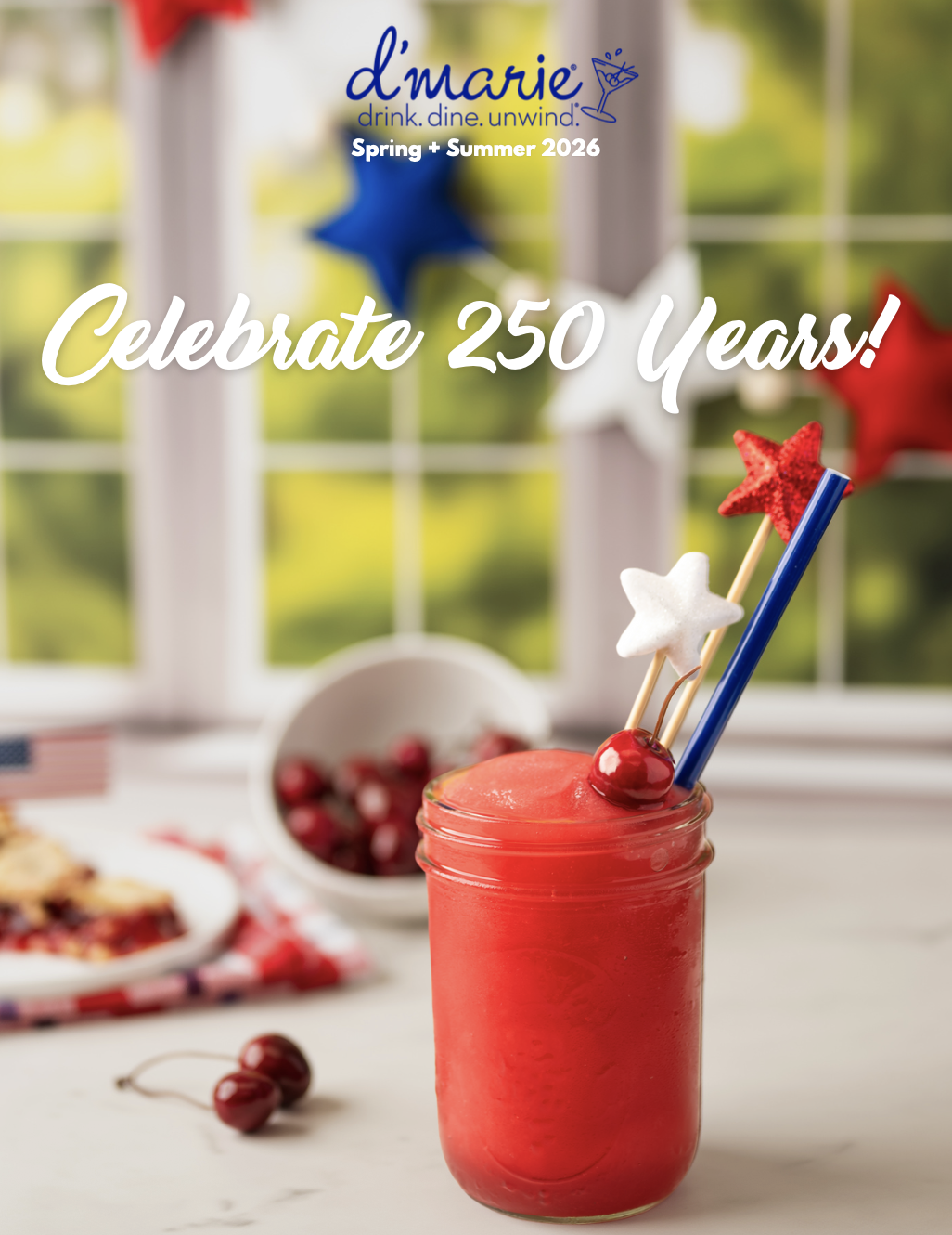 Red holiday-themed beverage in a mason jar with star-shaped decorations, cherries, and straws, celebrating 250 years of d'marie.
