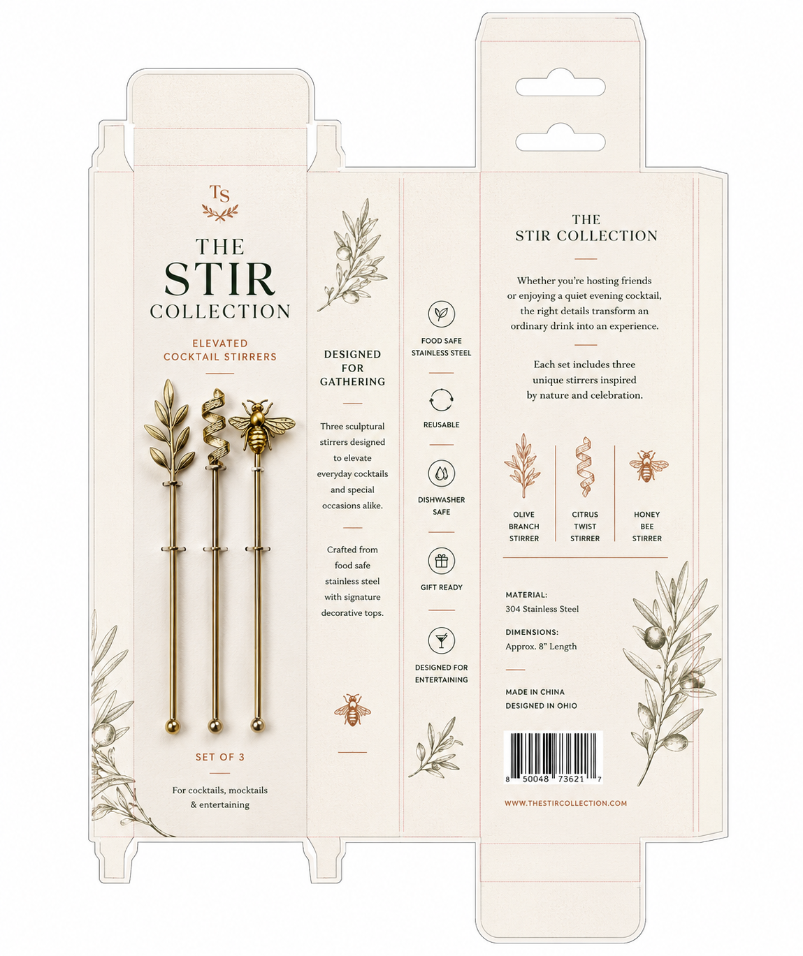Packaging for a set of three stainless steel cocktail stirrers inspired by nature, featuring designs of olive branch, citrus twist, and honey bee, with information about material, dimensions, and use.