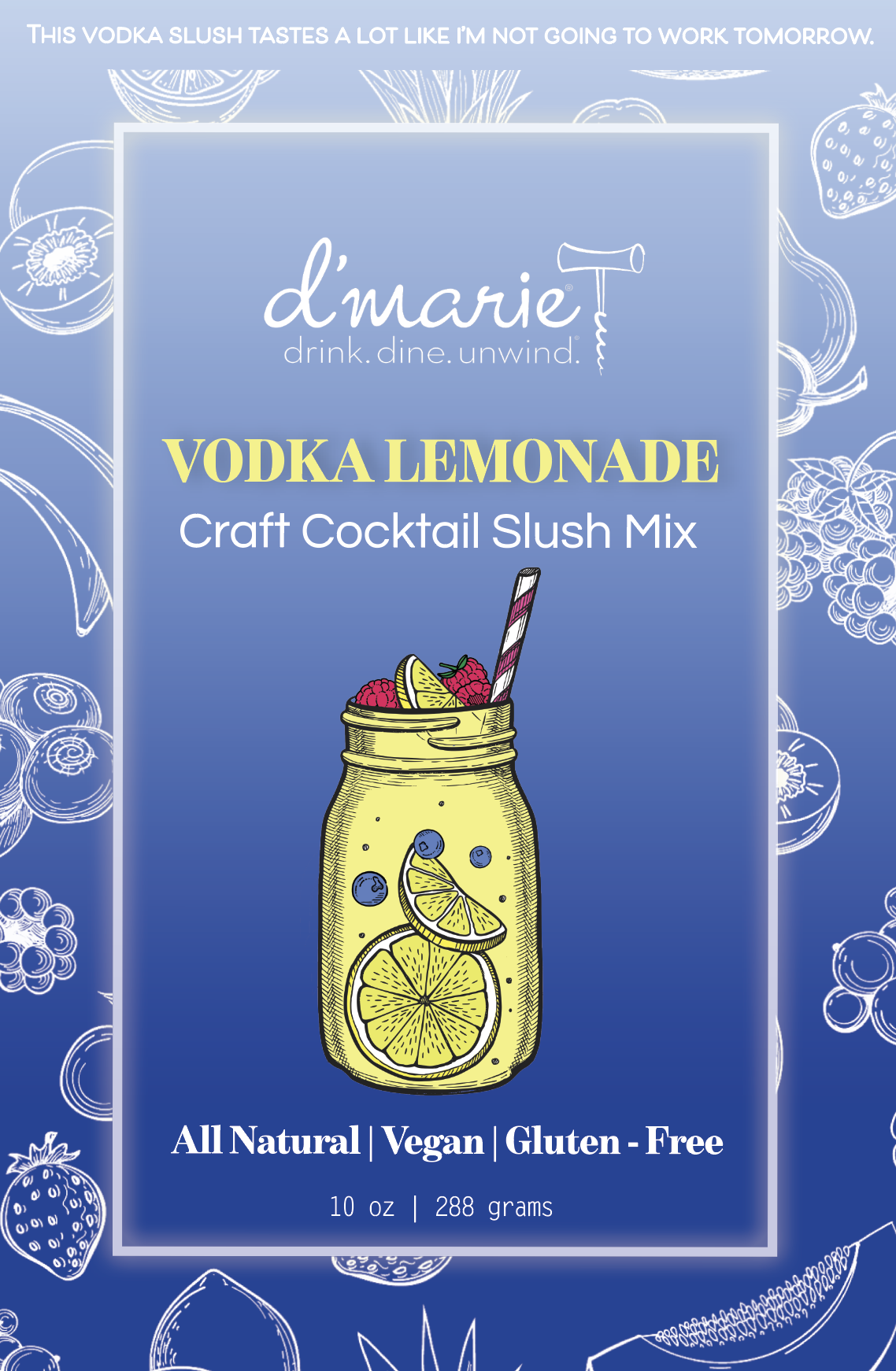 Package of d'marie vodka lemonade craft cocktail slush mix with a drawing of a mason jar filled with lemonade and fruit slices, garnished with raspberries, lemon wedges, and blueberries, on a blue background with fruit illustrations.