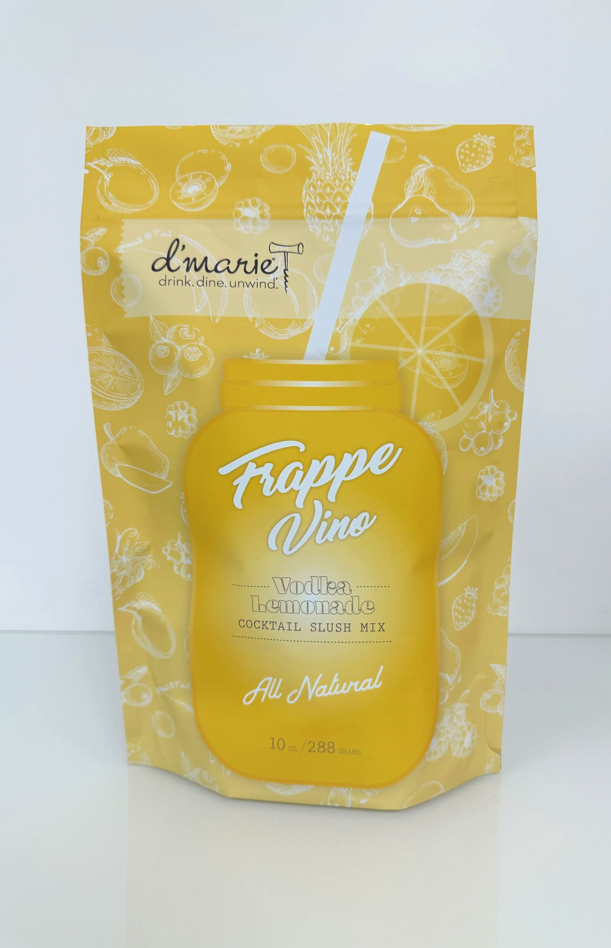 Yellow package of Frappe Vine Vodka Lemonade cocktail slush mix with white text and fruit illustrations.
