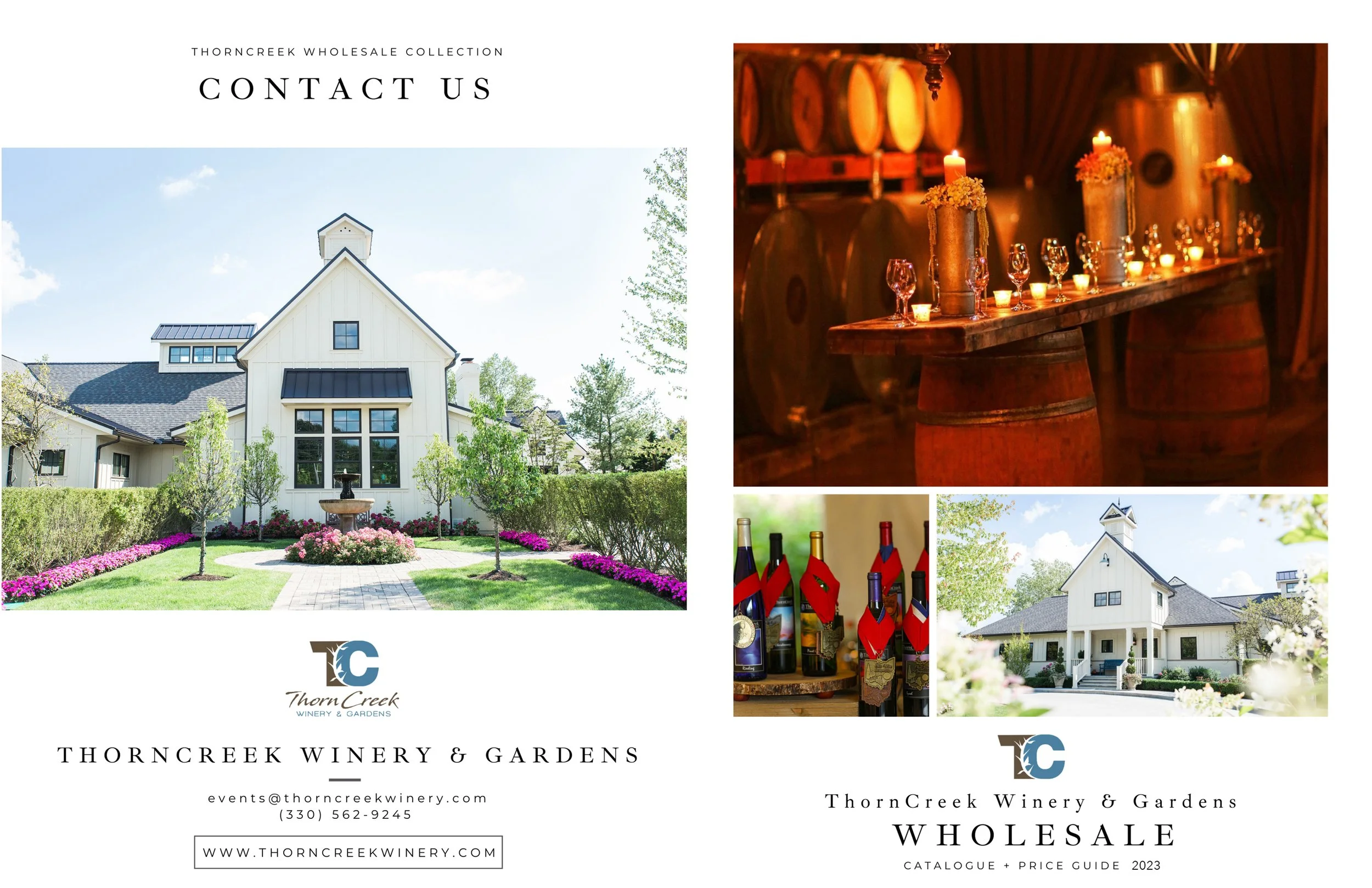 Cover of a catalog featuring ThornCreek Winery & Gardens, with images of a white vineyard estate, wine bottles, candles, and barrels, indicating wine and garden products.