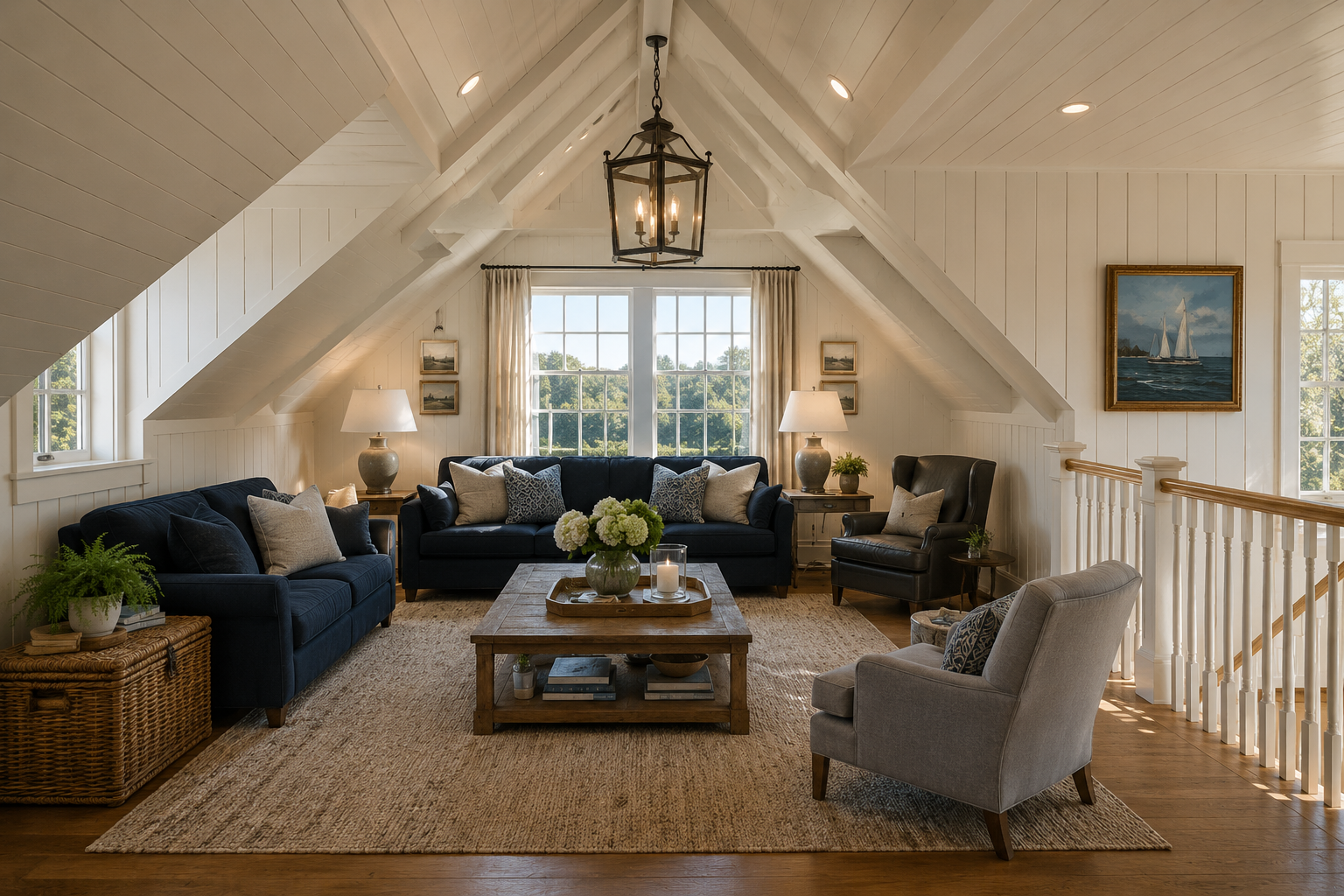 Living room with white paneled walls, sloped ceiling, large window, beige curtains, navy blue and beige sofas, a wooden coffee table, two table lamps, a gray armchair, and artwork on the walls.
