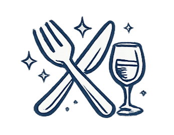 Illustration of a fork and knife crossed, with a wine glass nearby, surrounded by sparkling stars.