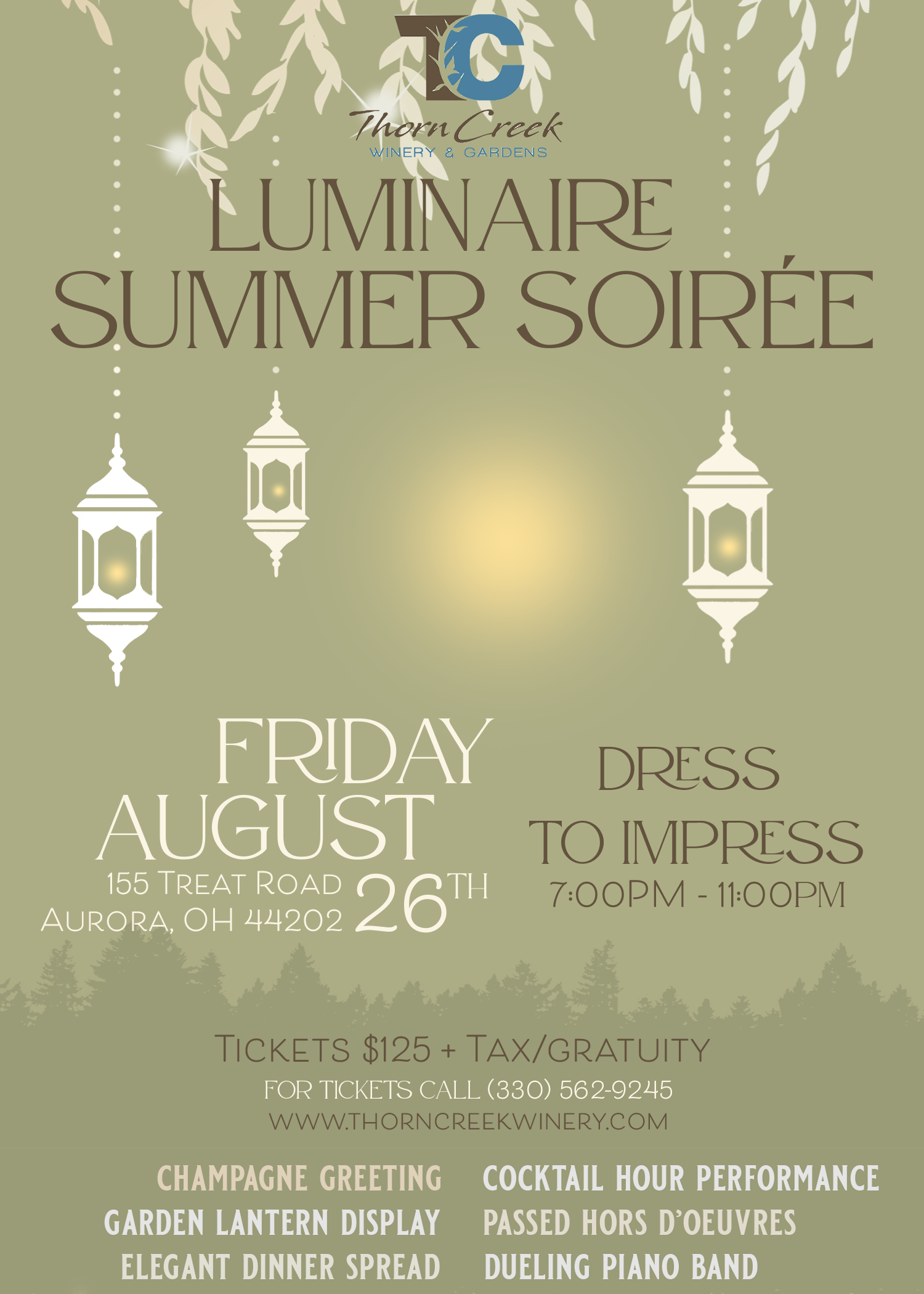 A green event invitation for a summer soirée at Thorn Creek Winery & Gardens. Features hanging lanterns, a tree silhouette, and text detailing the date, time, location, ticket prices, and activities such as champagne greeting, garden lantern display, dinner spread, cocktail hours, and live performances.