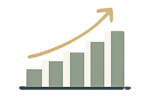 Graph with ascending bars and an upward trending arrow, indicating growth or increase.
