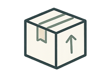 A cardboard box with an upward arrow symbol on one side and a pull tab on another side.