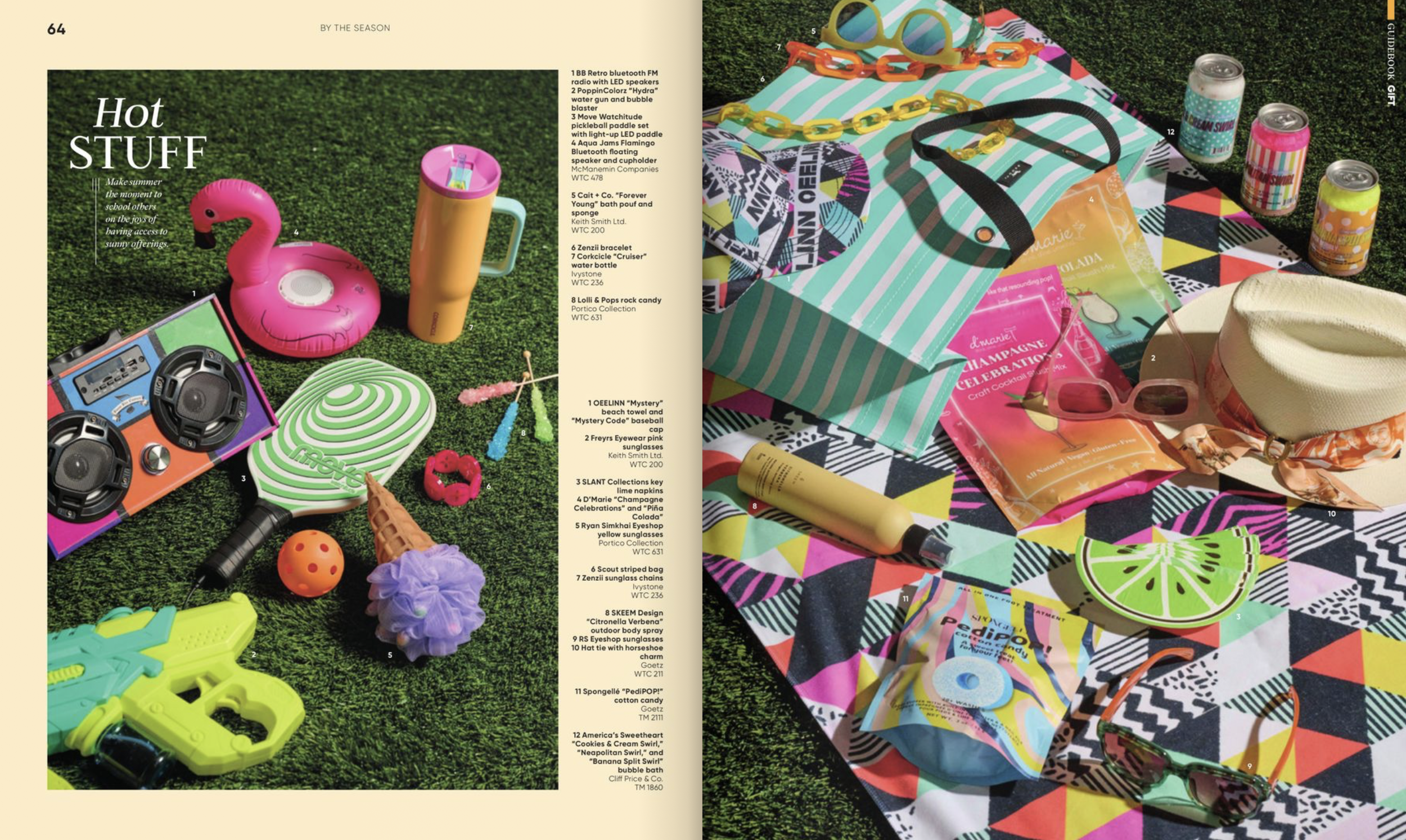 A colorful summer picnic setup with various items on a patterned blanket, including drinks in cans and a hat, alongside sunglasses and assorted small objects.