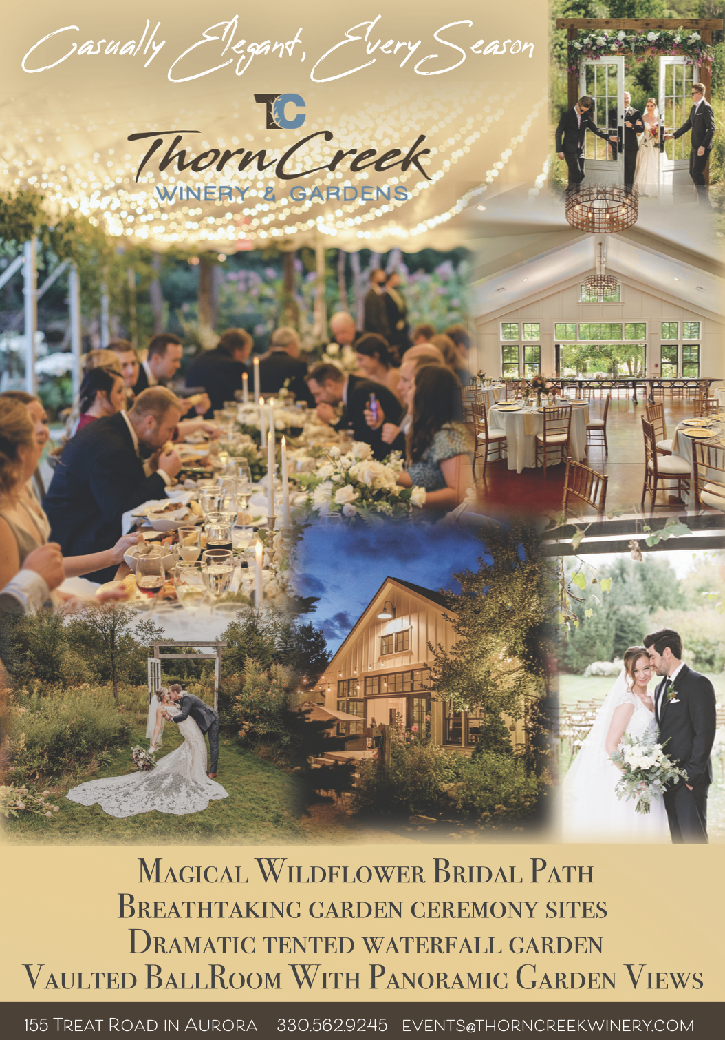 A collage of images showcasing wedding venues and scenes at Thorn Creek Winery & Gardens, including garden ceremony sites, a vaulted ballroom with panoramic garden views, an outdoor wedding photo, and an indoor reception area, with elegant floral and lighting decor, and a romantic evening setting.