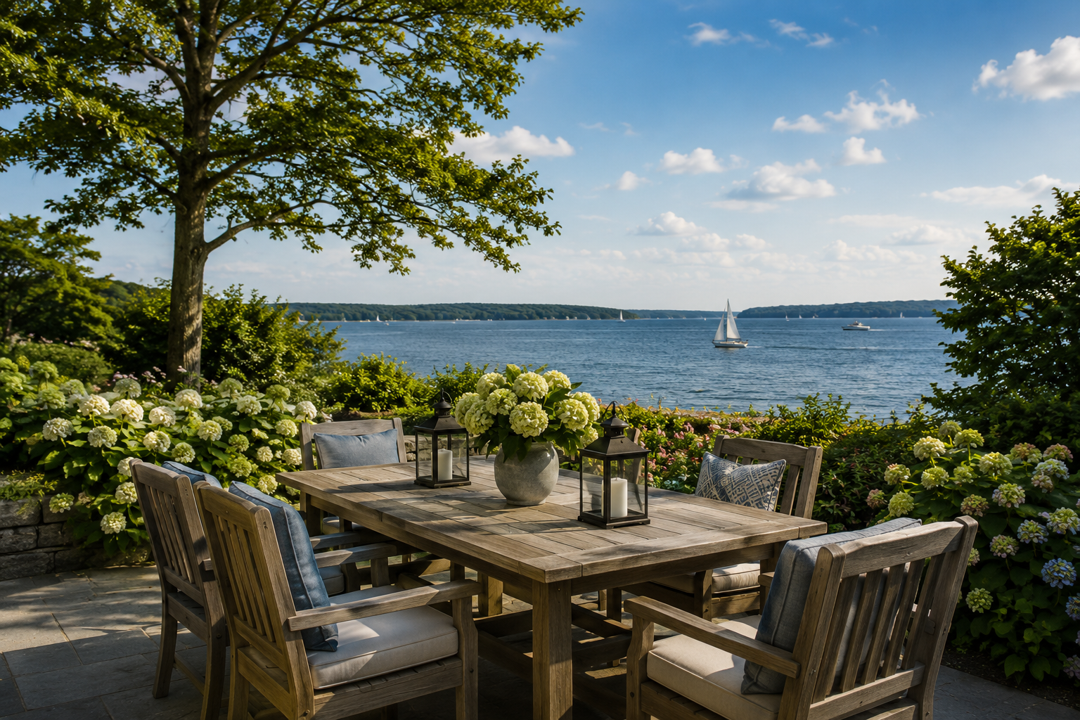 A wooden patio table with six chairs, decorated with a large floral arrangement and three lanterns, overlooks a lake with sailboats, surrounded by lush green bushes and trees under a partly cloudy sky.