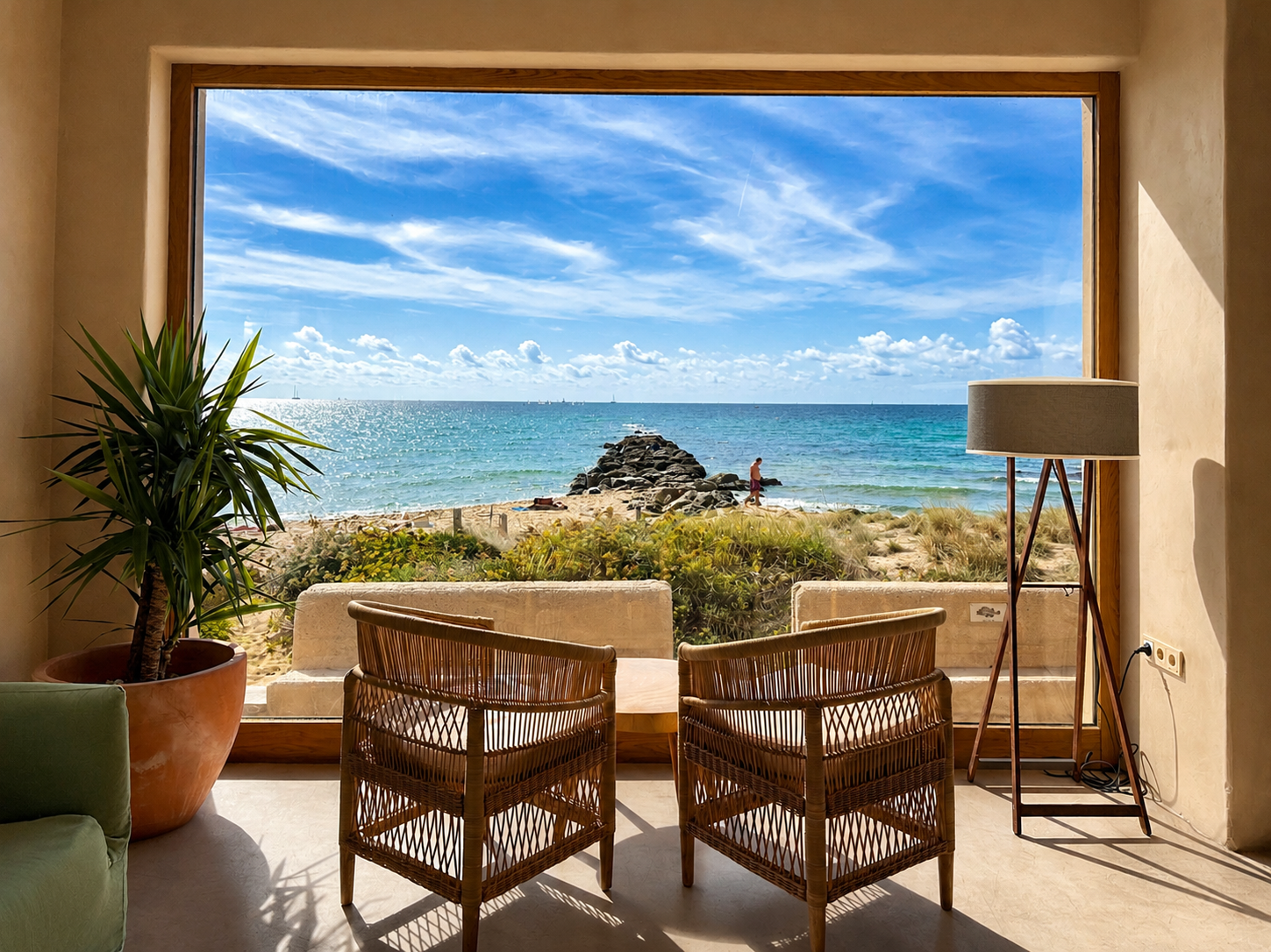Room interior with large window overlooking a beach with rocks, ocean, and sky, featuring wicker chairs, a potted plant, and a floor lamp.