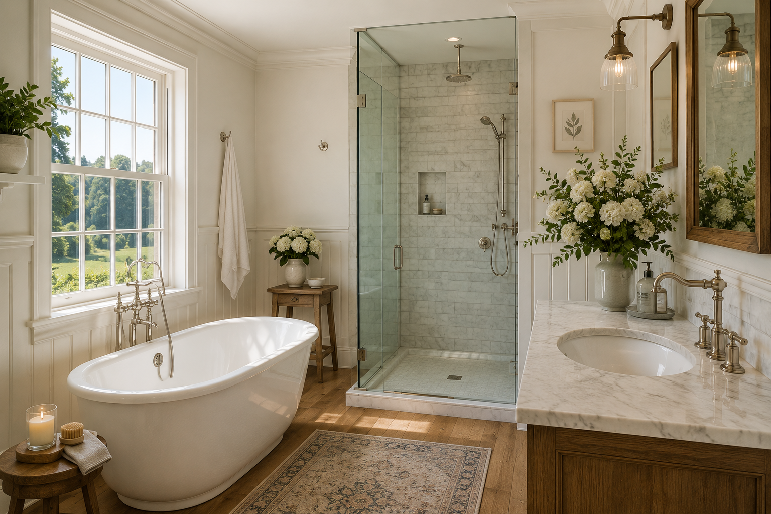 A bright bathroom with a large window, a freestanding bathtub, a glass shower enclosure, a marble countertop with a sink, and floral decorations.